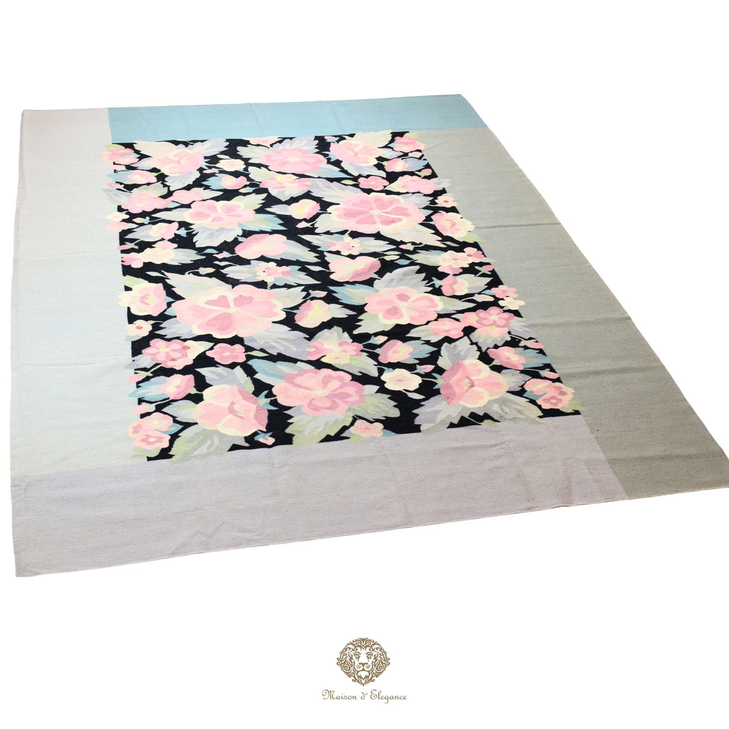 Alfombra Kilim fina, tejido plano, lana color natural | Diseño floral europeo, 270x361 cm