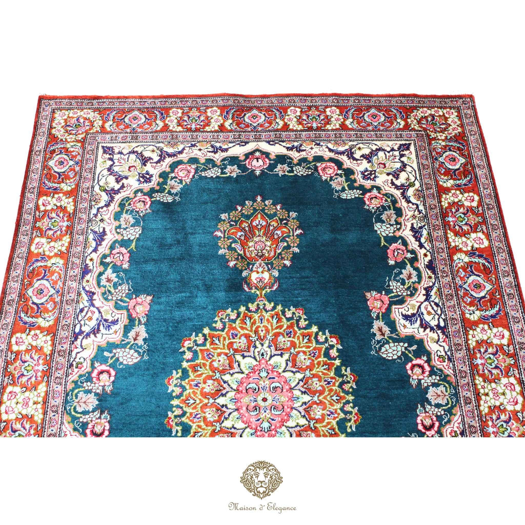 Alfombra persa exclusiva de seda pura, anudada a mano, teñida de forma natural, obra maestra de alta gama, firmada, 157 x 98 cm Turquesa