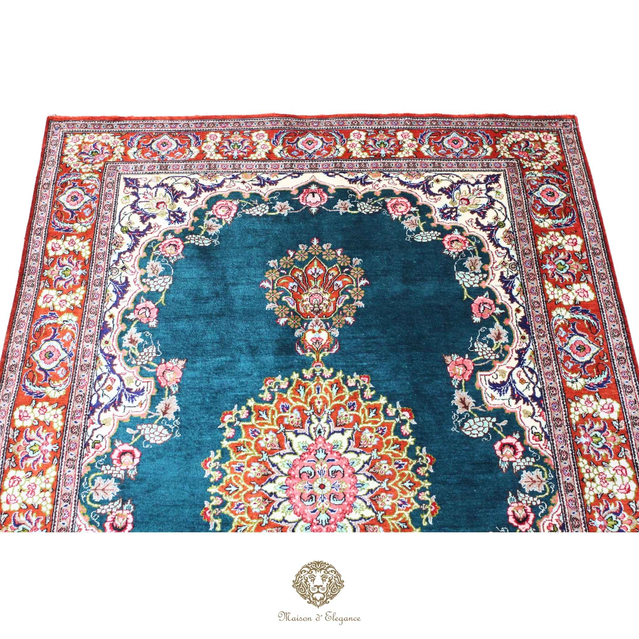 Alfombra persa exclusiva de seda pura, anudada a mano, teñida de forma natural, obra maestra de alta gama, firmada, 157 x 98 cm Turquesa