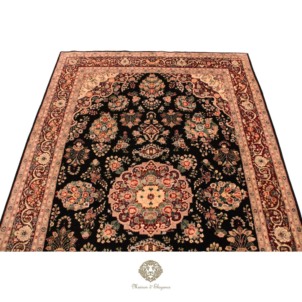 Decorative rug with intricate patterns on a Brown background