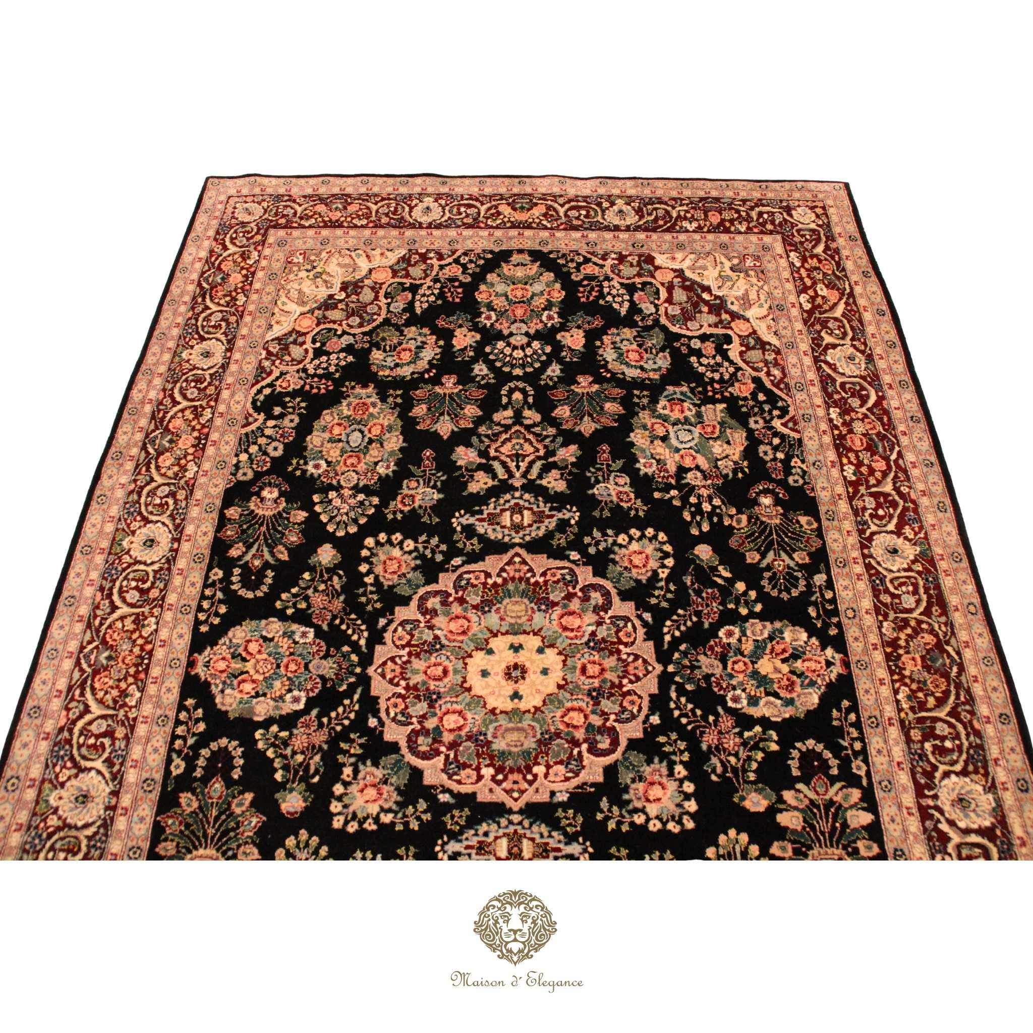 Decorative rug with intricate patterns on a Brown background