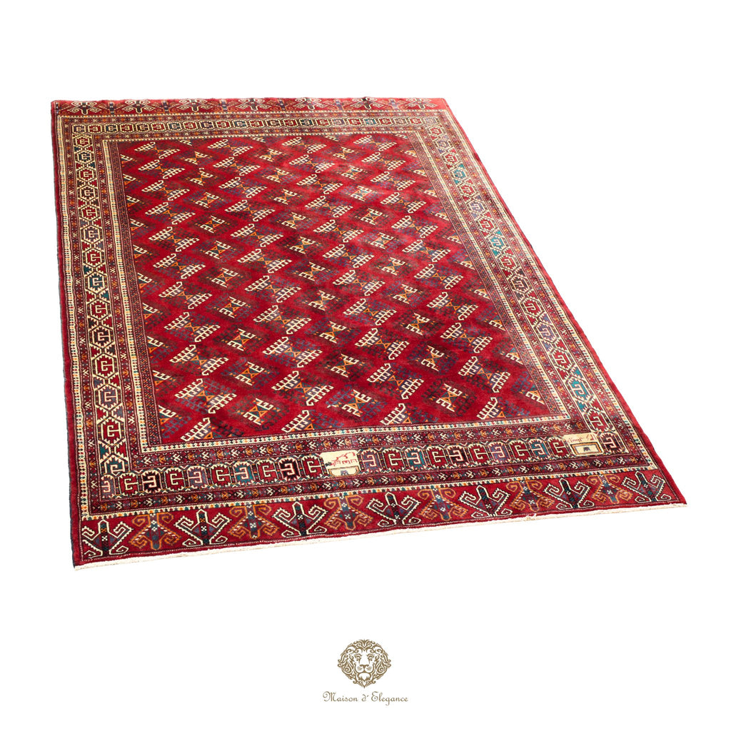 Alfombra persa tradicional de lana Belutch, color rojo | Diseño geométrico nómada, 212 x 332 cm