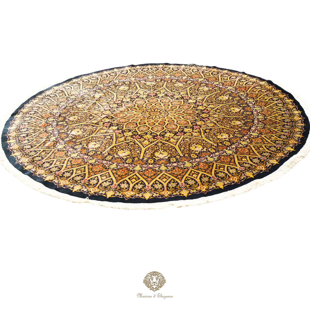 Alfombra persa redonda Qom superfina exclusiva, de seda pura, anudada a mano, teñida con tintes naturales, obra maestra de alta gama, firmada, 209 x 210 cm de diámetro.