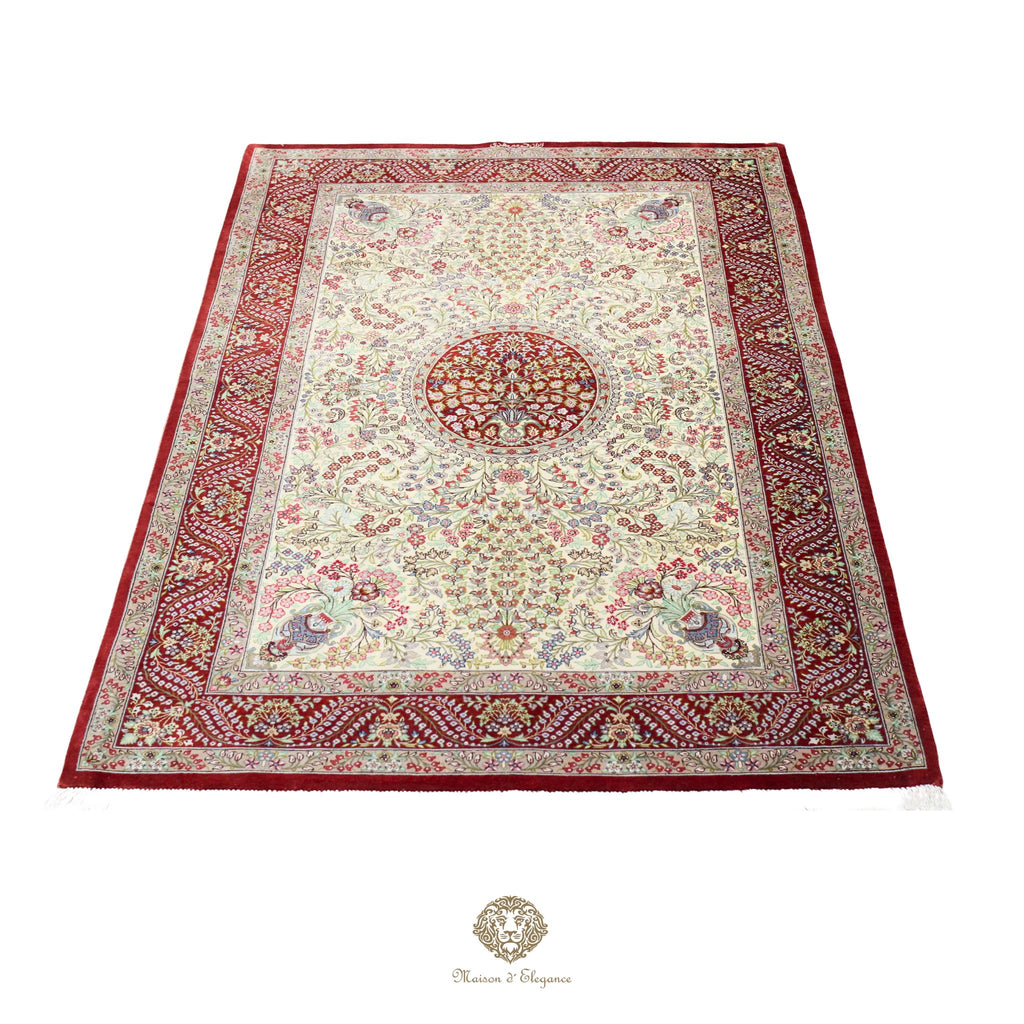 Alfombra persa exclusiva quom de seda pura - Obra maestra anudada a mano con tintes naturales, firmada, 101 x 156 cm, diseño medalion