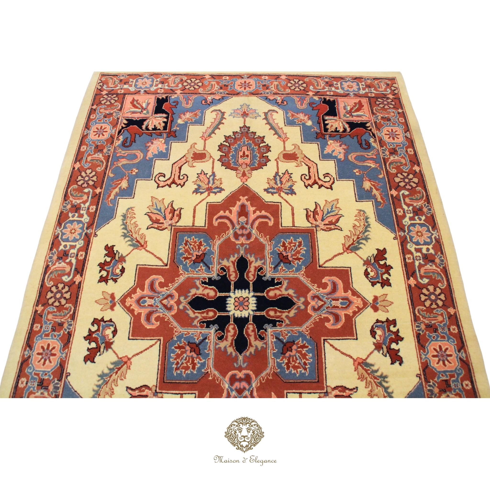 Decorative rug with intricate patterns on a Ivory background