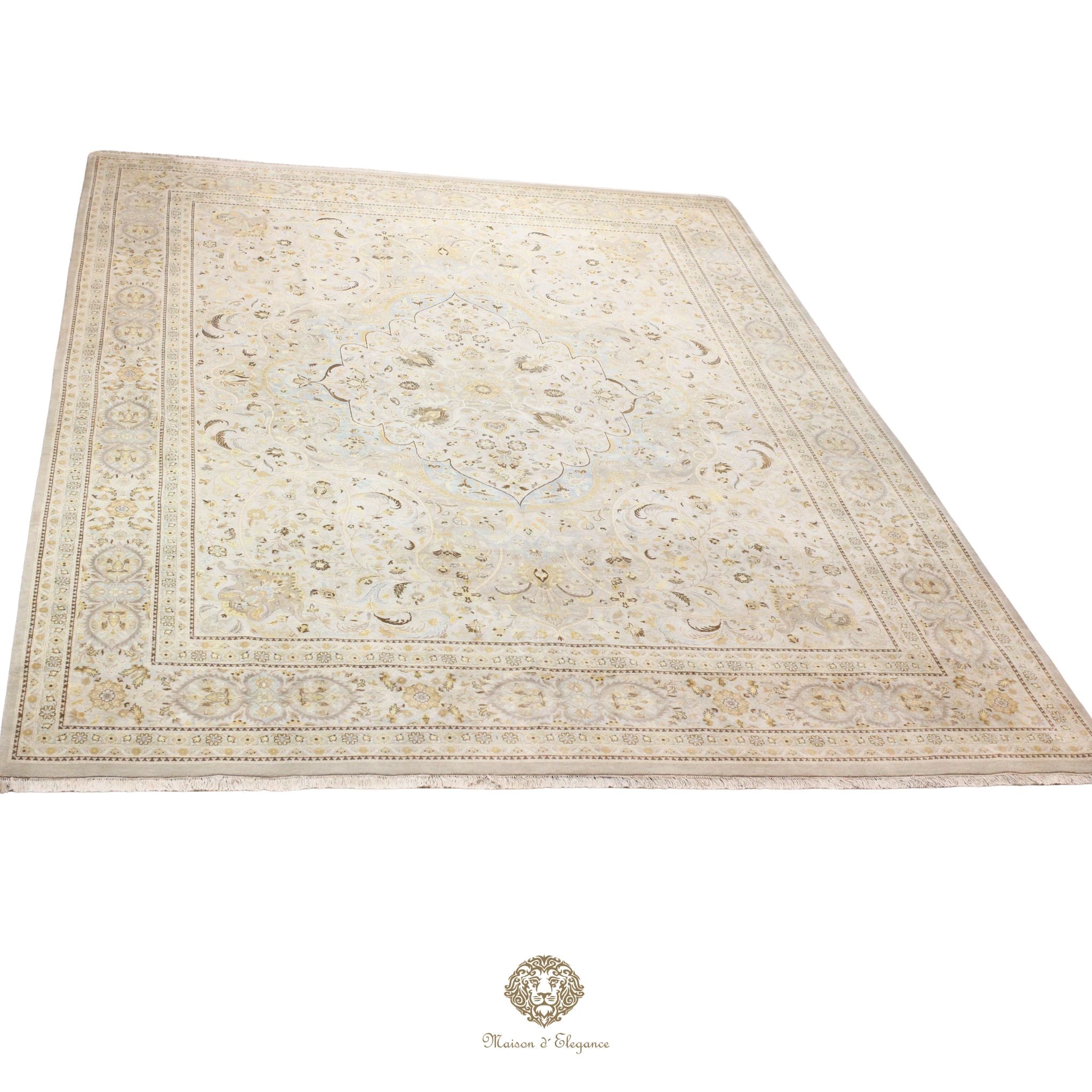 Alfombra de lana estilo Tabriz, color gris superfino con diseño floral de medallón | Elegancia 302x420 cm