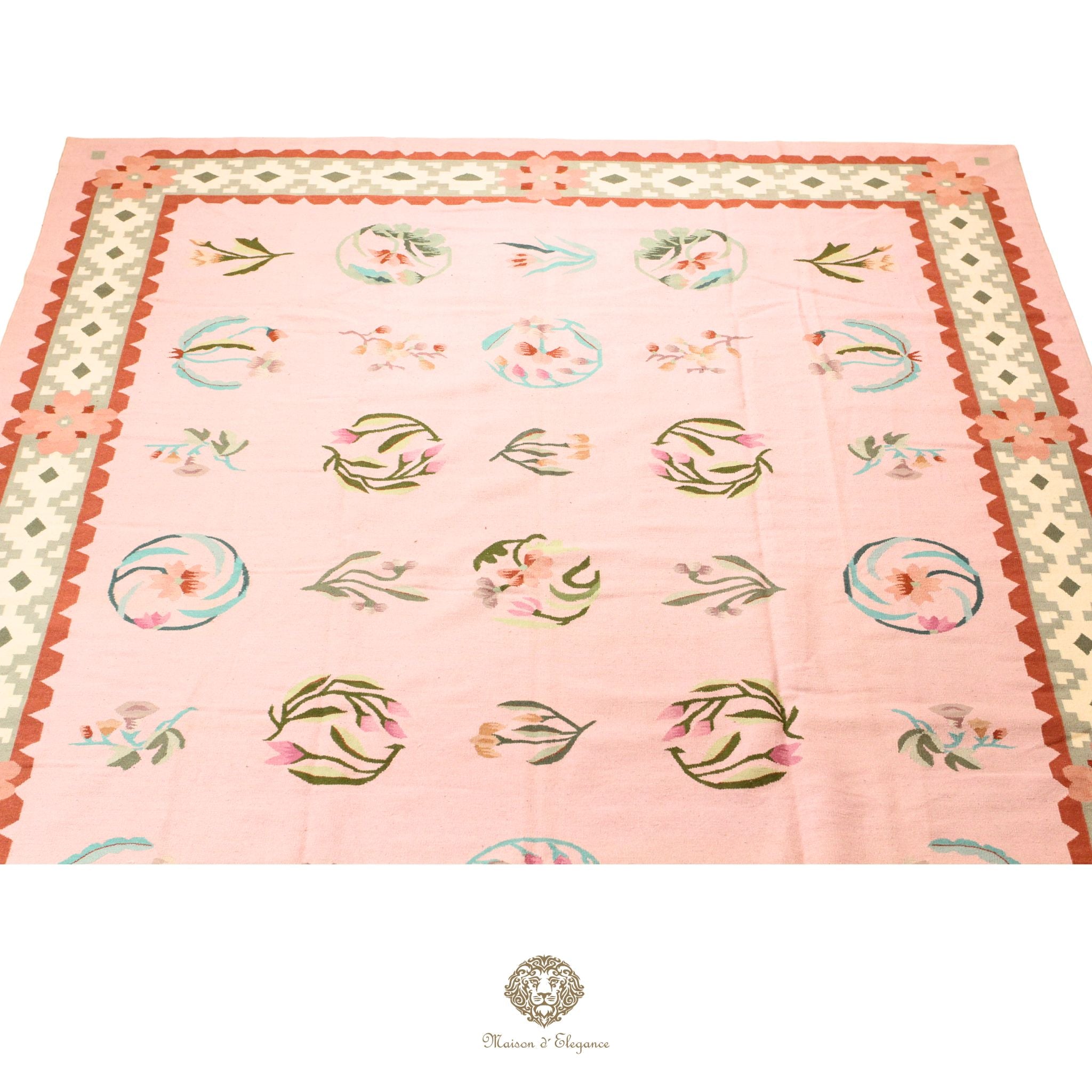 Alfombra Kilim fina, tejido plano, lana color natural | Diseño floral europeo, 274x365 cm Rosa