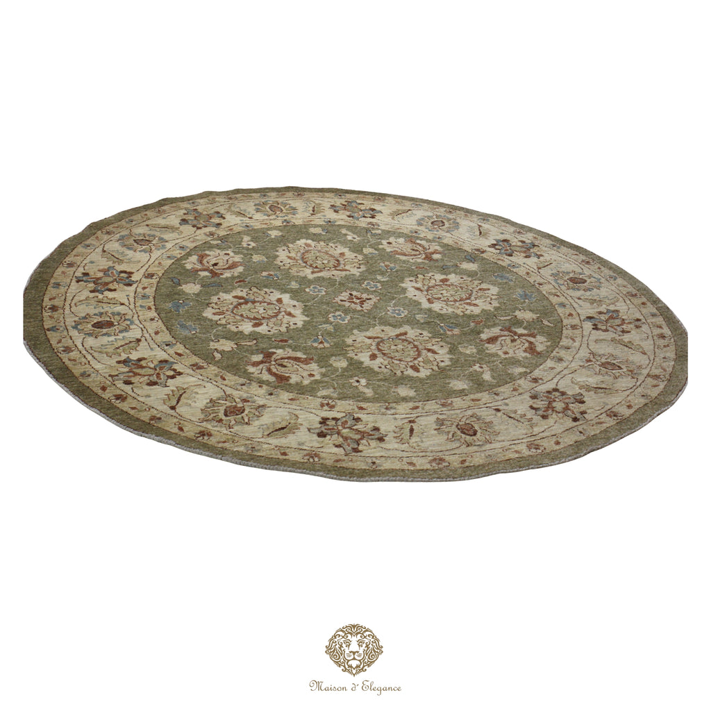 Alfombra Persa Redonda Kashan Anudada a Mano | Lana Verde con Diseño Floral 200x200 cm diametro