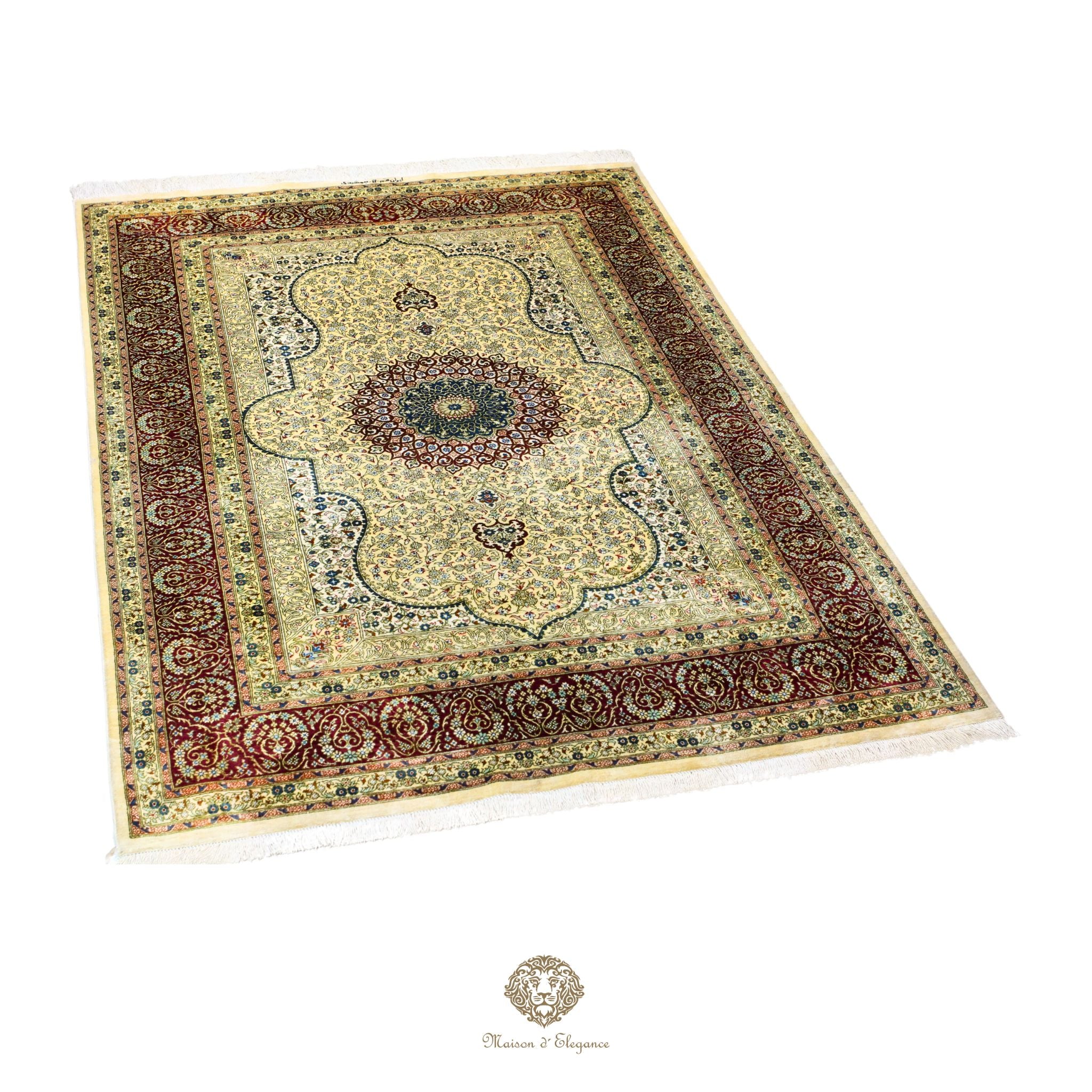 Alfombra persa exclusiva quom de seda pura | Obra maestra anudada a mano con tintes naturales, firmada, 133x196 cm, diseño medalion