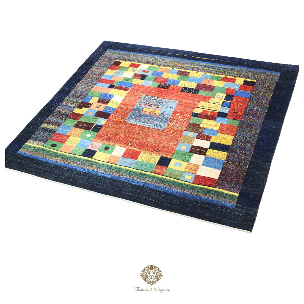 Alfombra persa Kashkuli colorida vistosa | Gabbeh de lana hecha a mano 196 x 201 cm