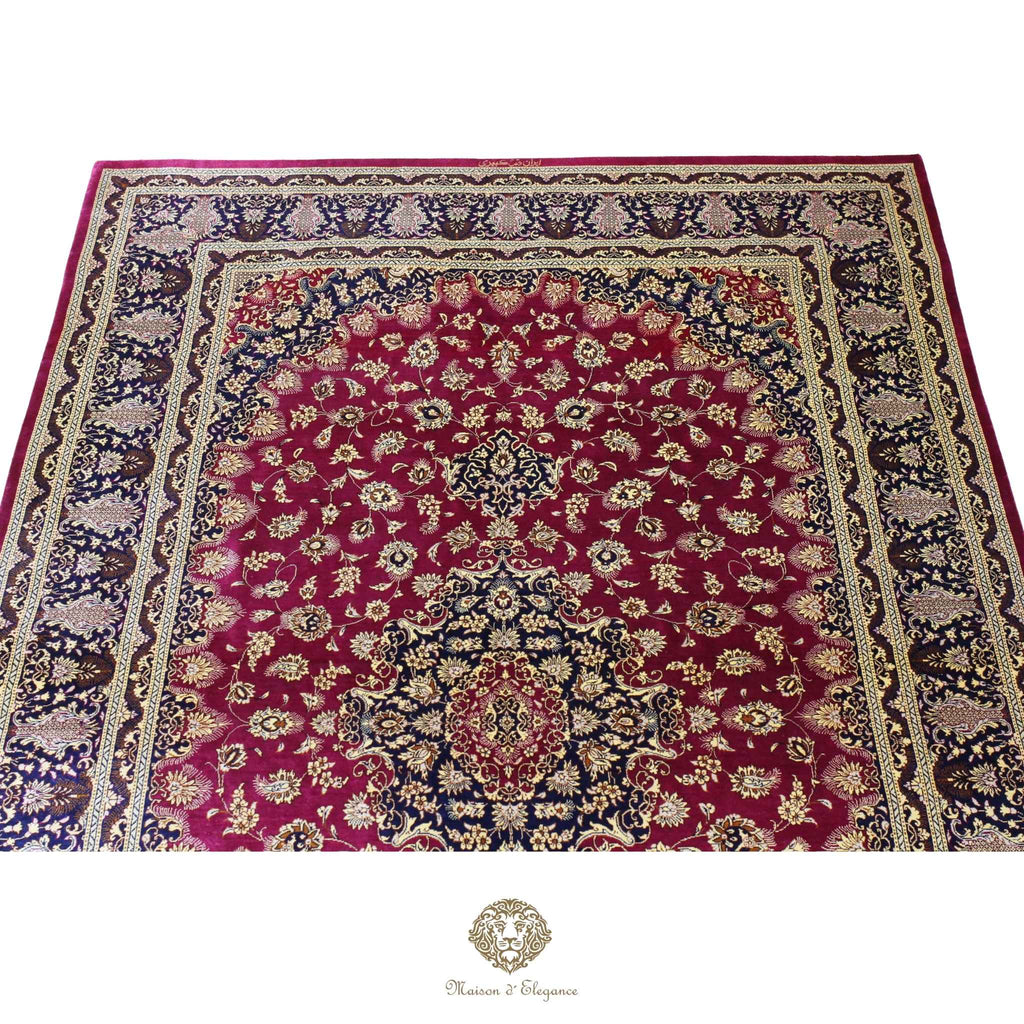Alfombra persa exclusiva de seda pura, anudada a mano, teñida con tintes naturales, diseño de medallón sobre fondo rojo, obra maestra de alta gama, firmada, 128 x 210 cm.