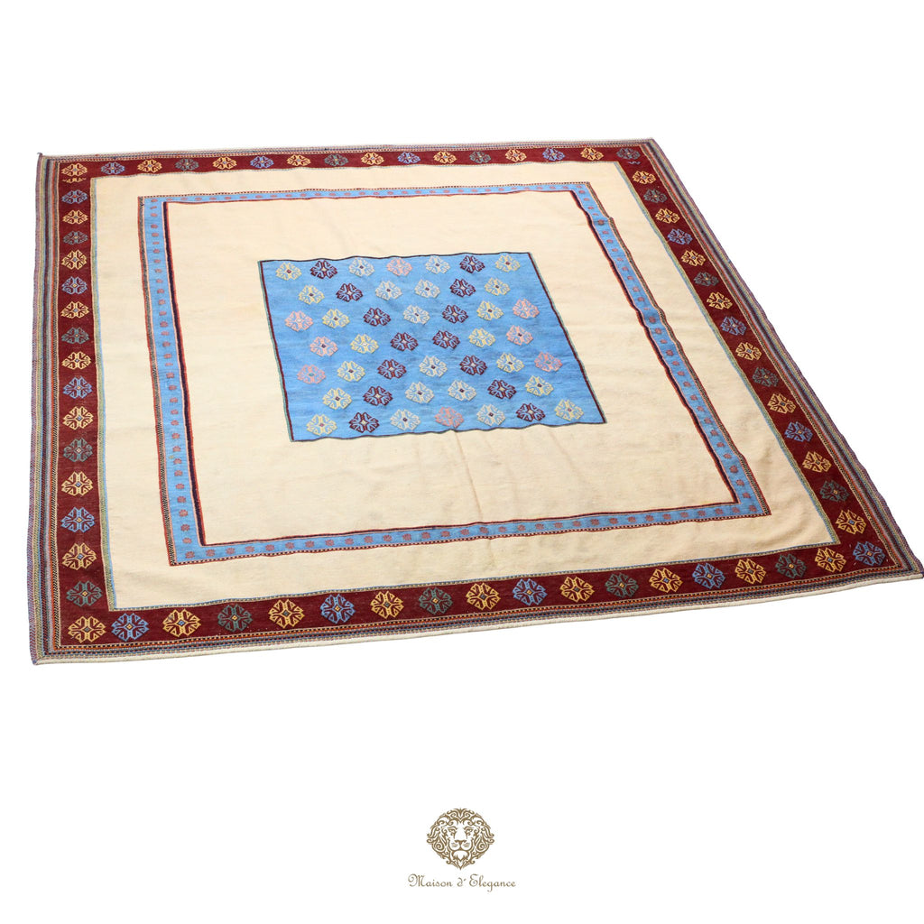 Alfombra persa moderna Kia Sar Kilim, hecha a mano en lana, color natural | Cuadrada 247x250 cm