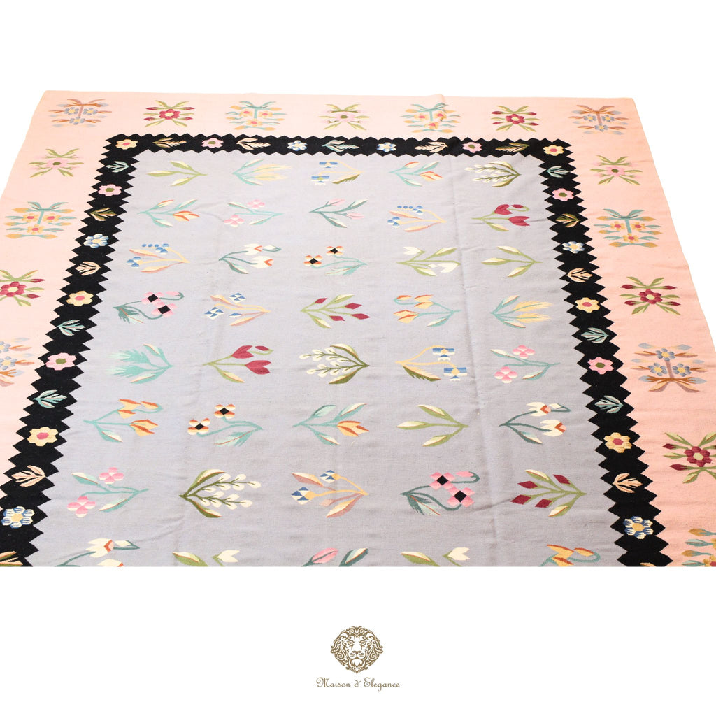 Alfombra Kilim fina, tejido plano, lana color natural | Diseño floral europeo, 281x387 cm