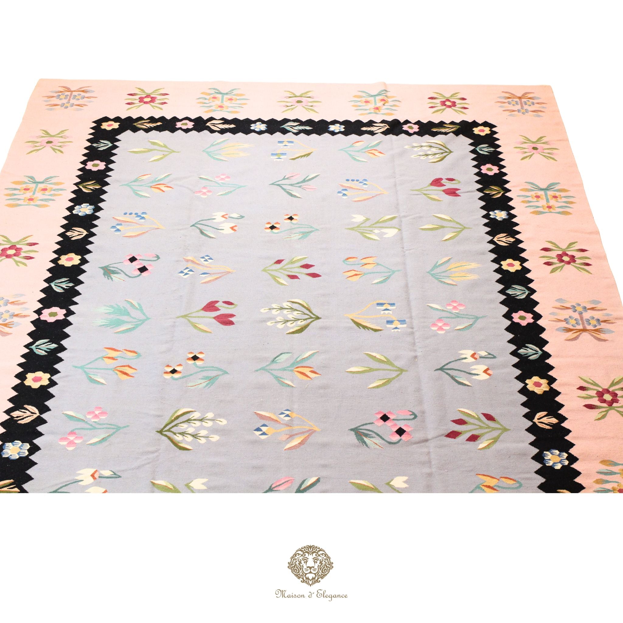 Alfombra Kilim fina, tejido plano, lana color natural | Diseño floral europeo, 281x387 cm