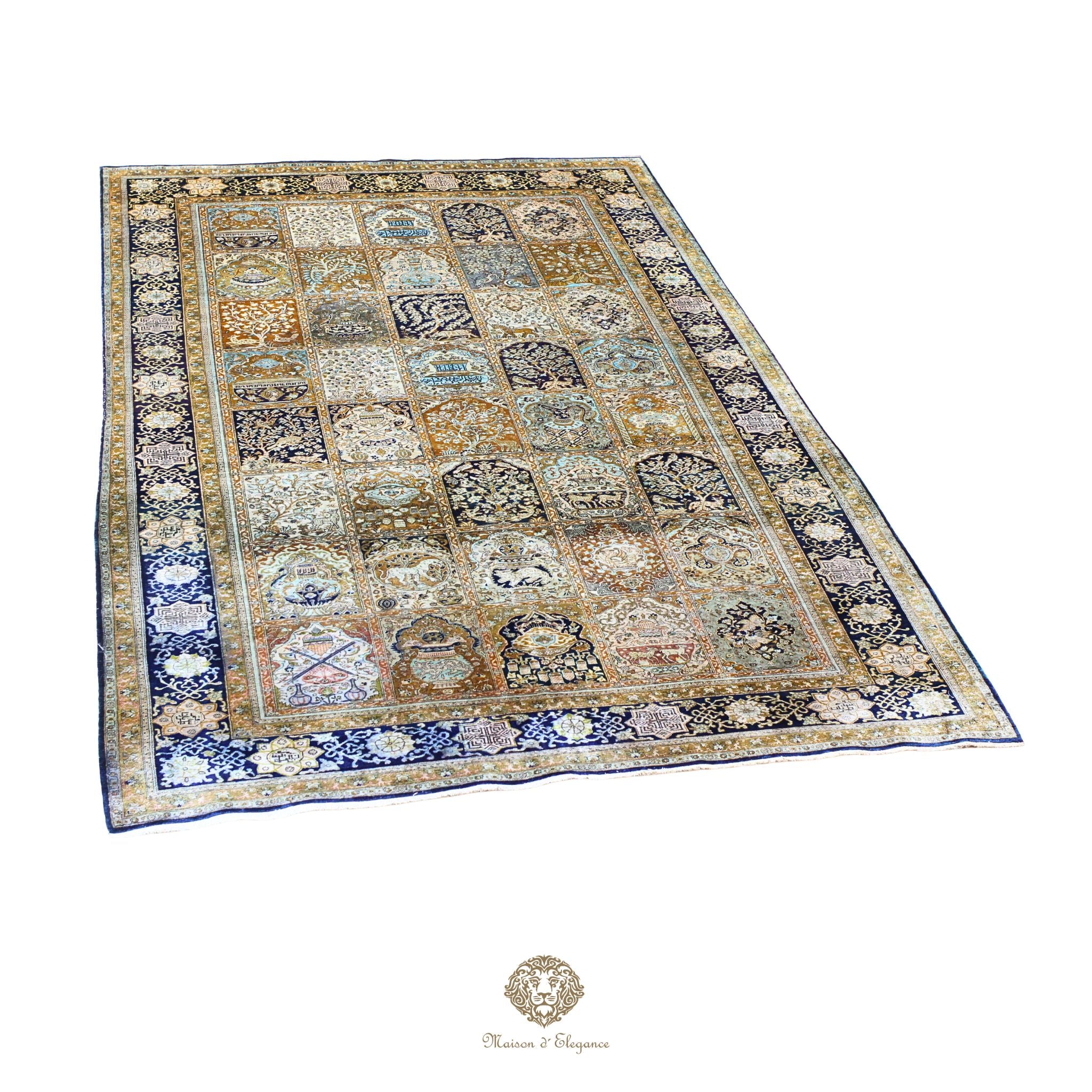 Alfombra persa de seda pura, anudada a mano, teñida con tintes naturales, | obra maestra con diseño floral integral, firmada, 180x300 cm