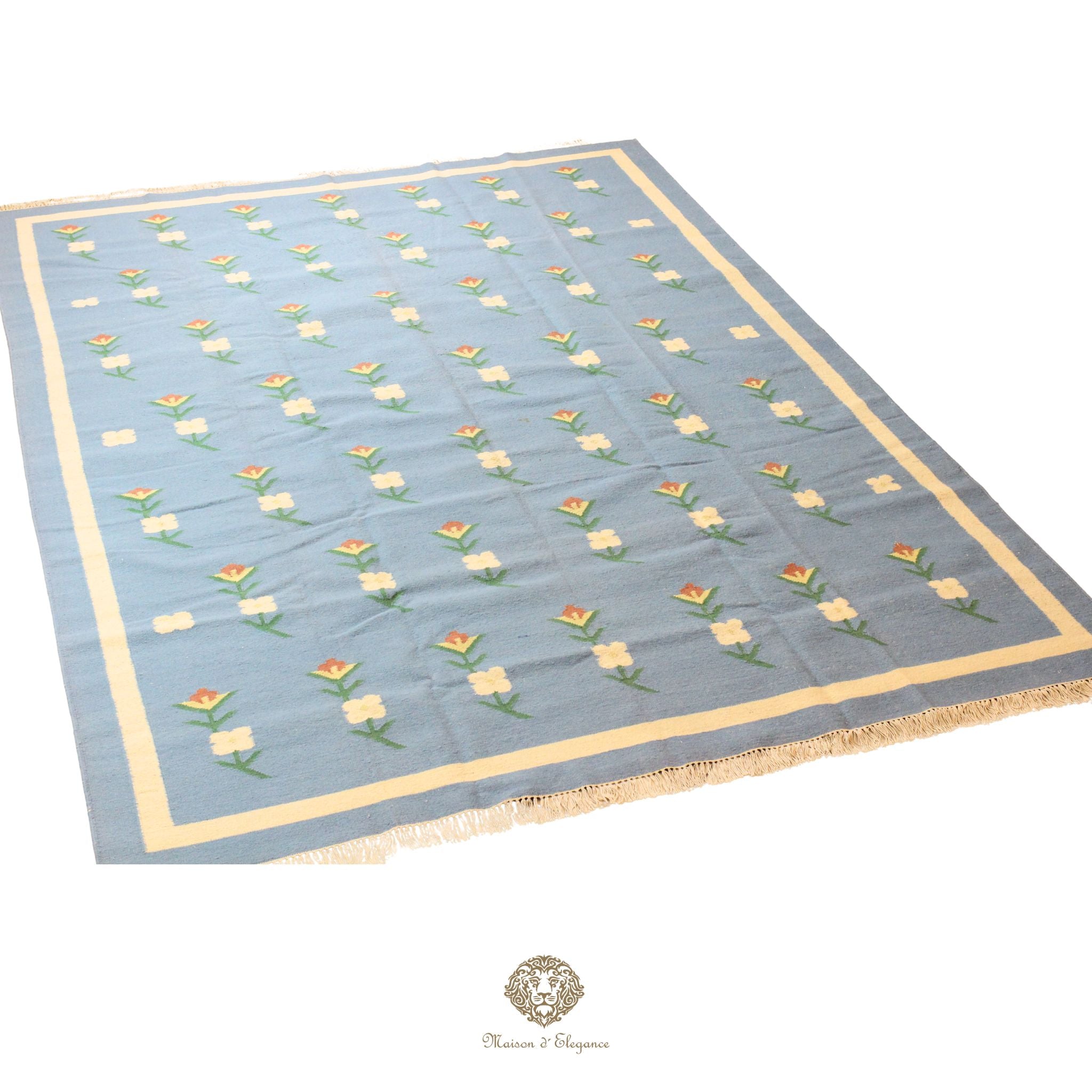 Alfombra Kilim fina, tejido plano, lana color natural | Diseño floral europeo, 252x365 cm