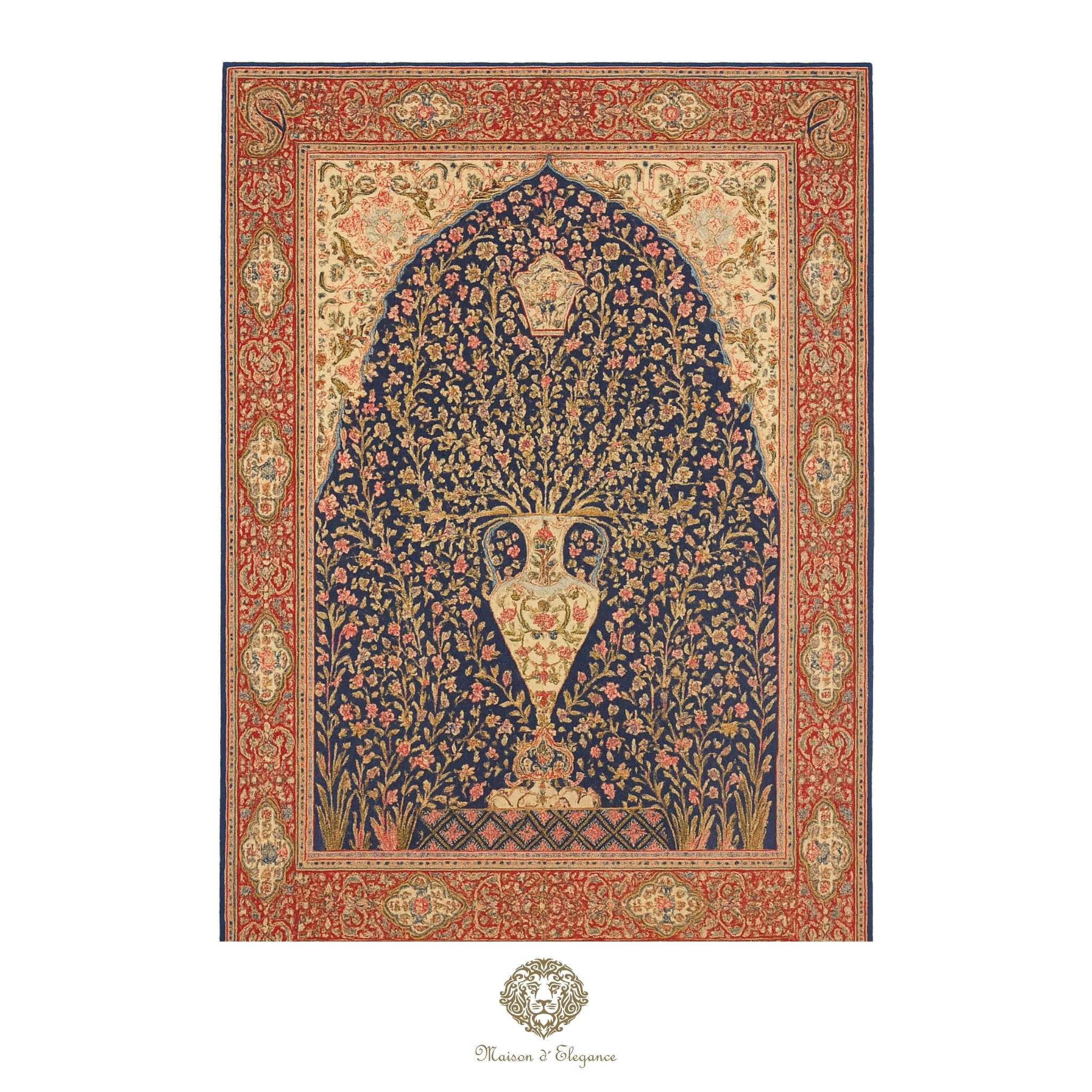 Rare Persian Kerman Prayer Rug | King Blue Mille Fleur Crown Pattern Wool natural dyed