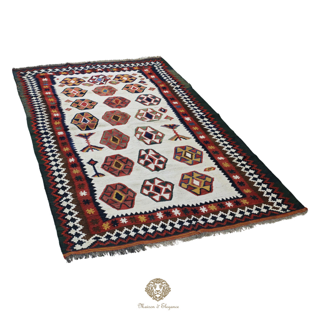 Alfombra Kilim Persa Qashqai Antigua Lana | Diseño Geométrico 136x237 cm