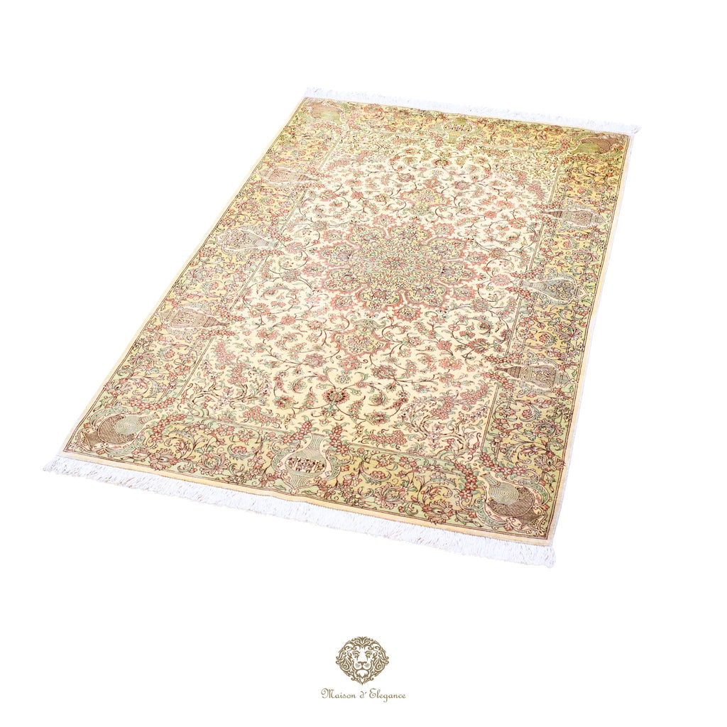 Alfombra persa exclusiva de seda pura, anudada a mano, teñida de forma natural, obra maestra de alta gama, firmada, 99 x 158 cm