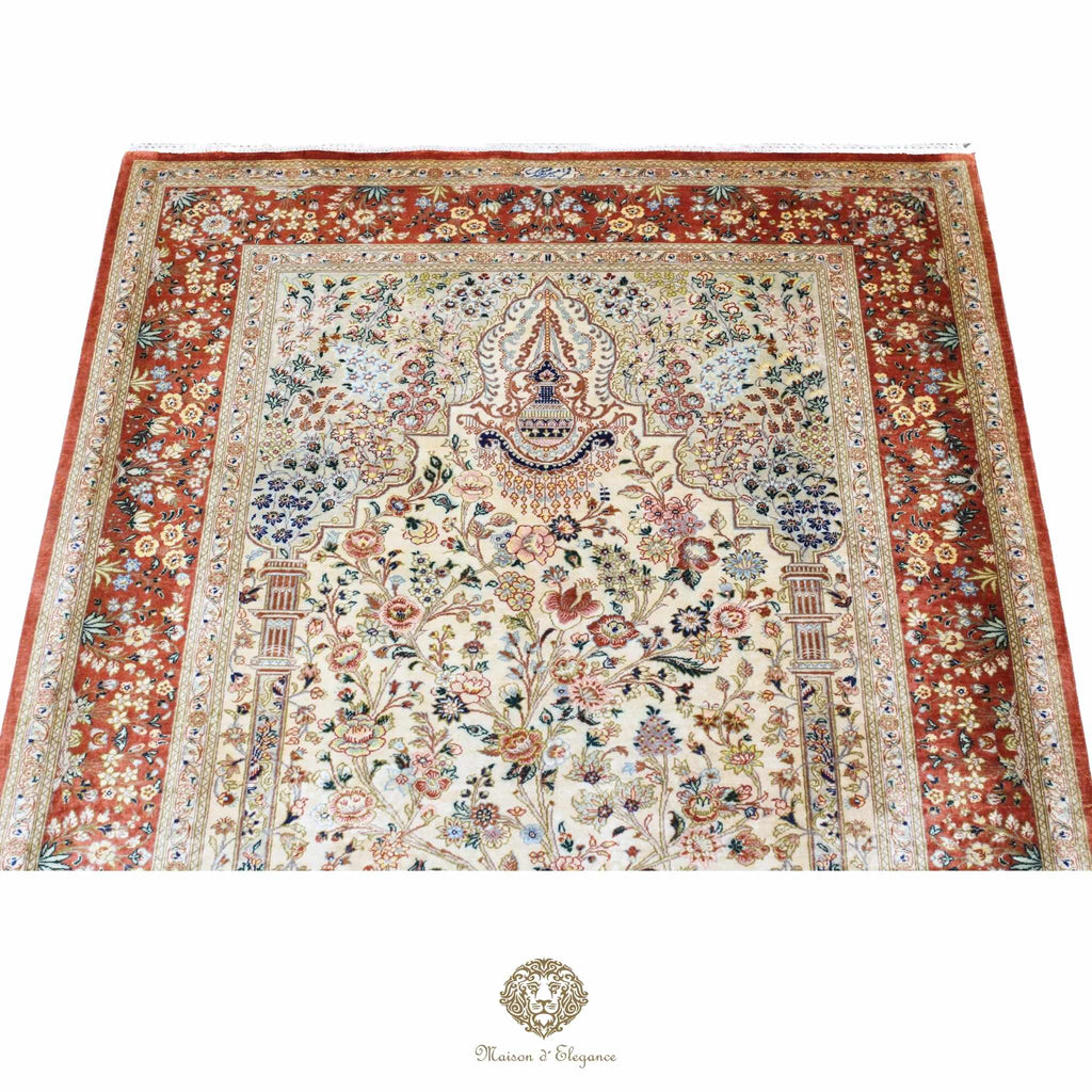 Alfombra persa exclusiva de seda pura - Obra maestra anudada a mano con tintes naturales, firmada, 101 x 155 cm, diseño de oración floral