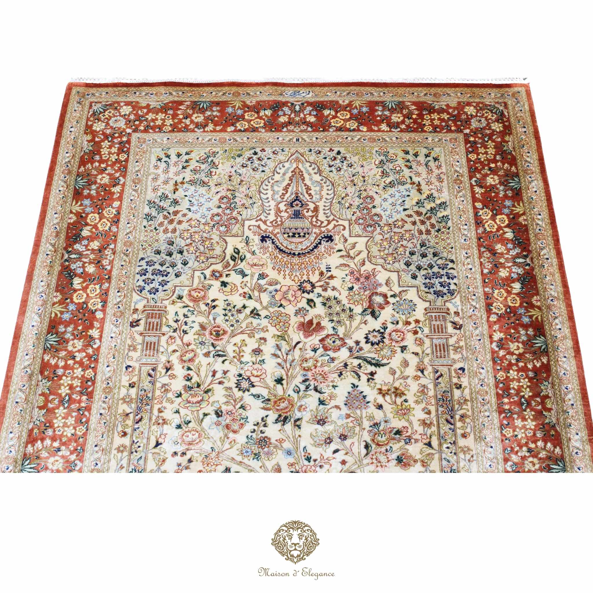 Alfombra persa exclusiva de seda pura - Obra maestra anudada a mano con tintes naturales, firmada, 101 x 155 cm, diseño de oración floral