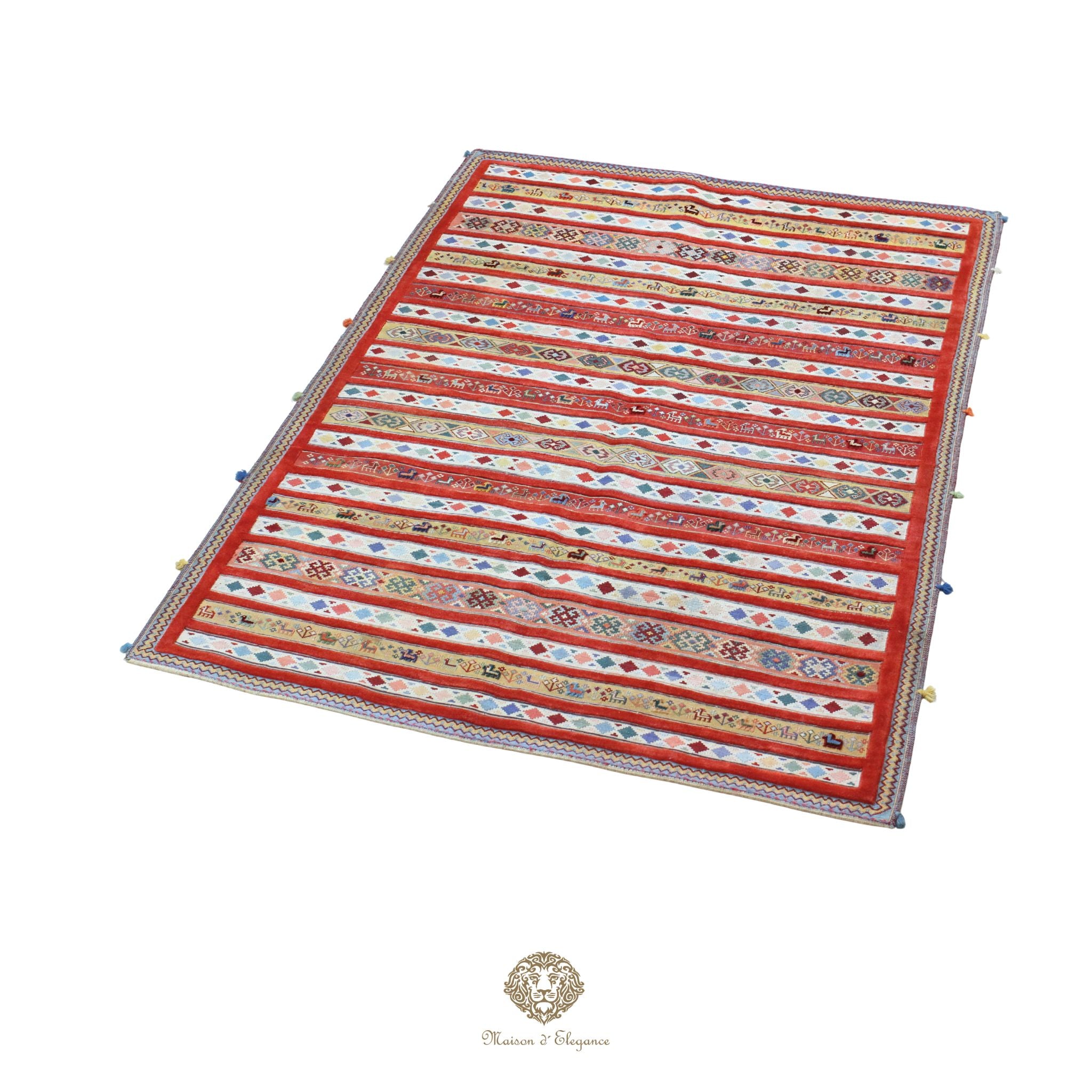 Kilim y alfombra persa Kashkuli de lana con tejido bitécnico | Relieve hecho a mano, color natural, 144 x 200 cm