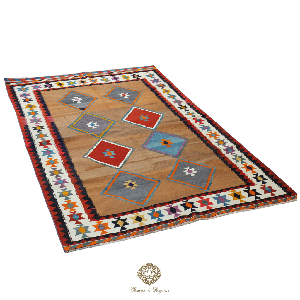 Alfombra Kilim Persa Qashqai Antigua Lana | Diseño Geométrico 154x244 cm
