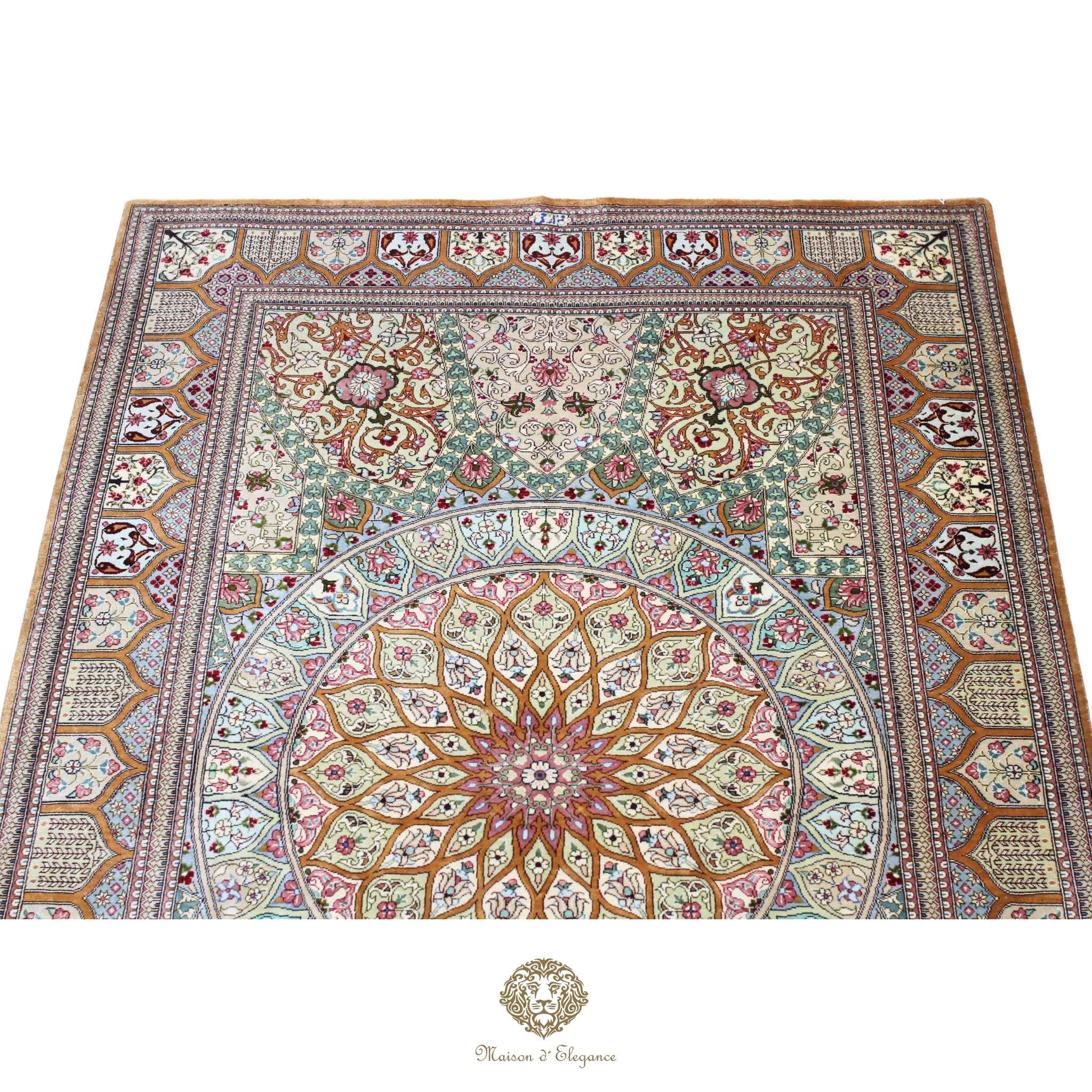 Alfombra persa exclusiva de seda pura, anudada a mano, teñida con tintes naturales, diseño Medallón, obra maestra de alta gama, firmada, 100 x 153 cm.