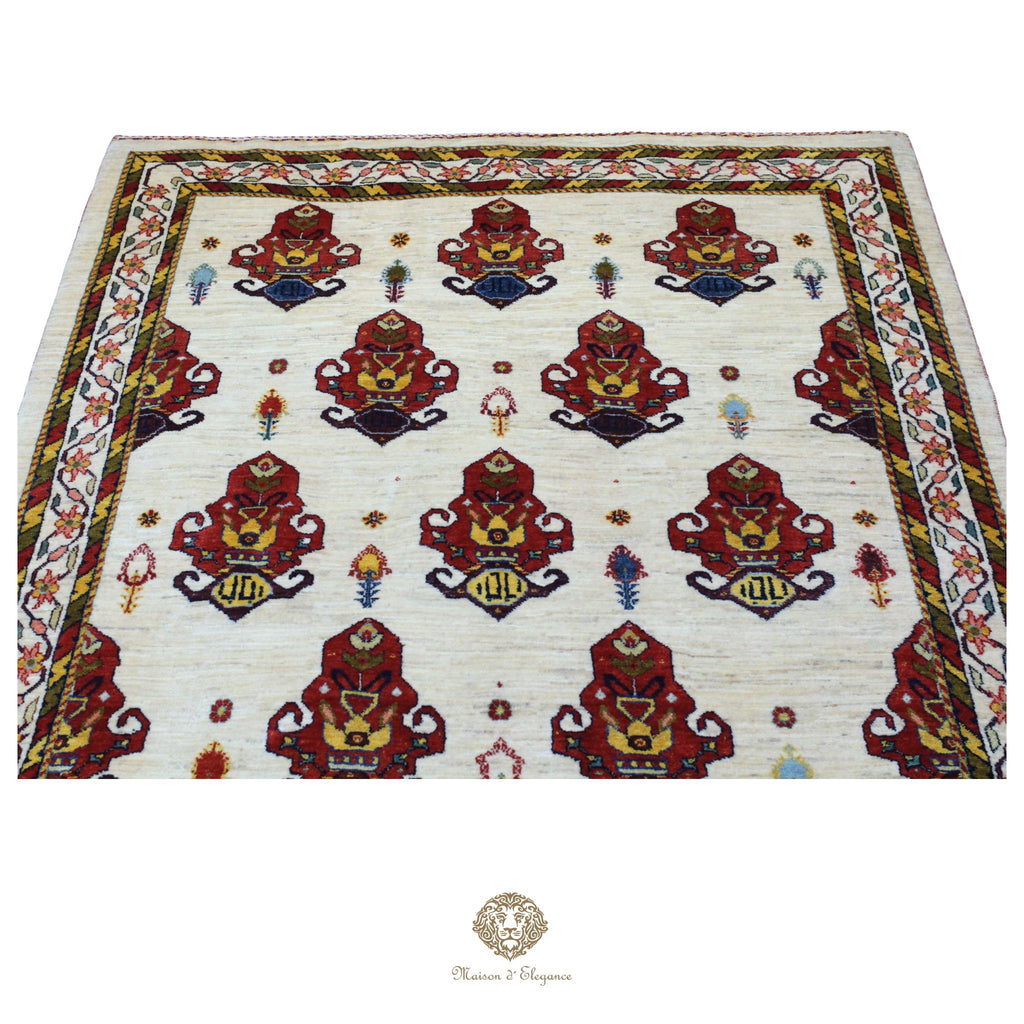 Alfombra persa Trible Fine Kashkuli con tintes naturales | Gabbeh de lana hecha a mano 147 x 212 cm