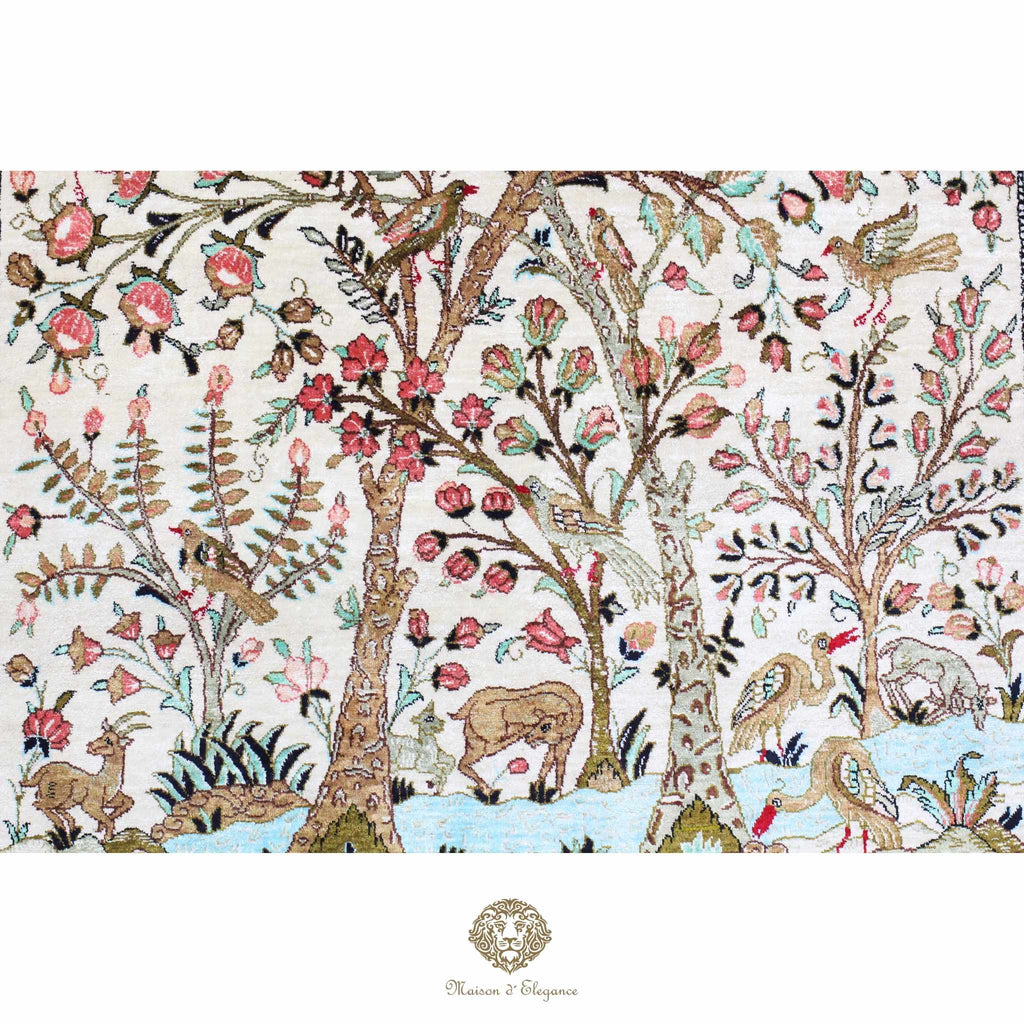 Alfombra persa exclusiva de seda pura - Obra maestra anudada a mano con tintes naturales, firmada, 106 x 156 cm, diseño del árbol de la vida