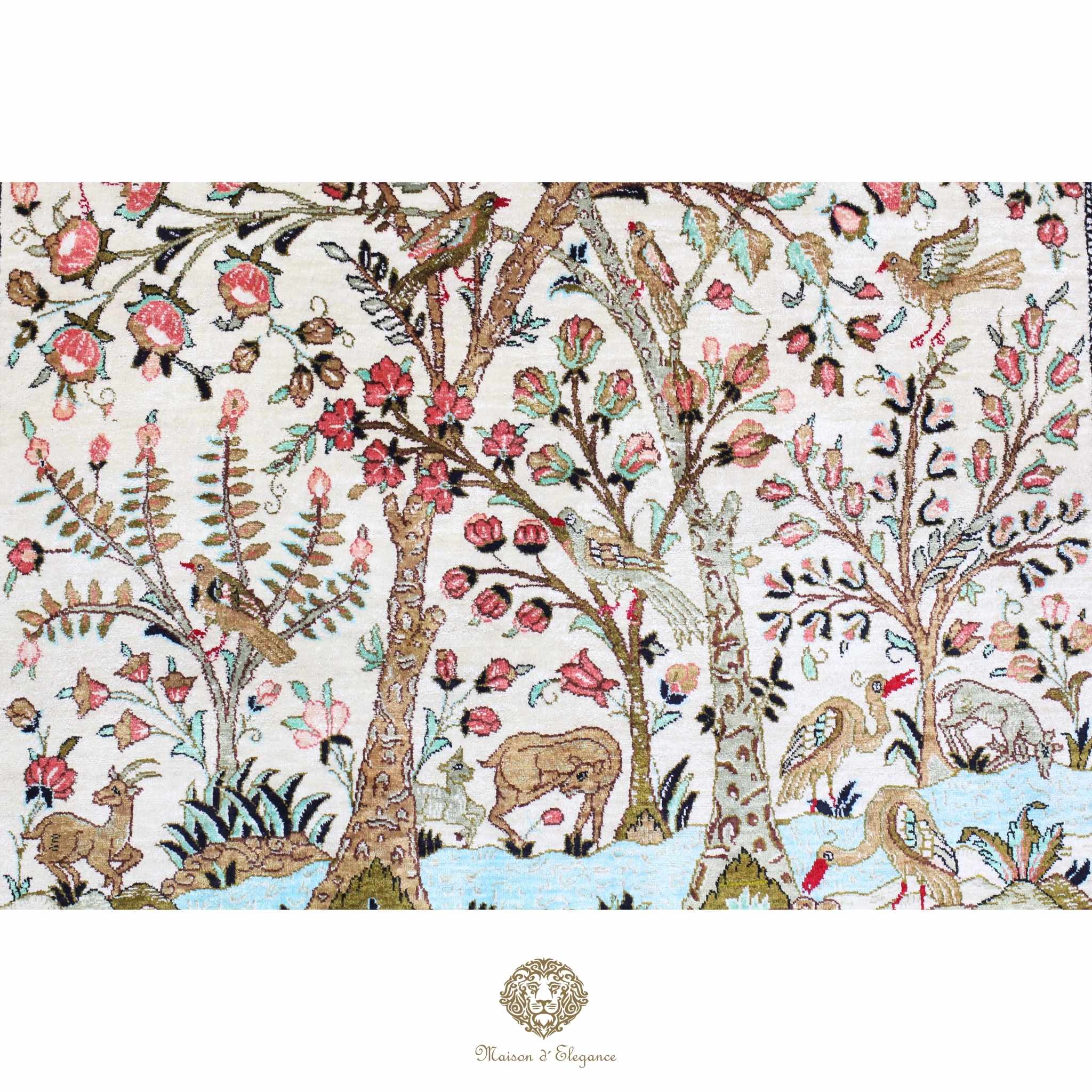 Alfombra persa exclusiva de seda pura - Obra maestra anudada a mano con tintes naturales, firmada, 106 x 156 cm, diseño del árbol de la vida