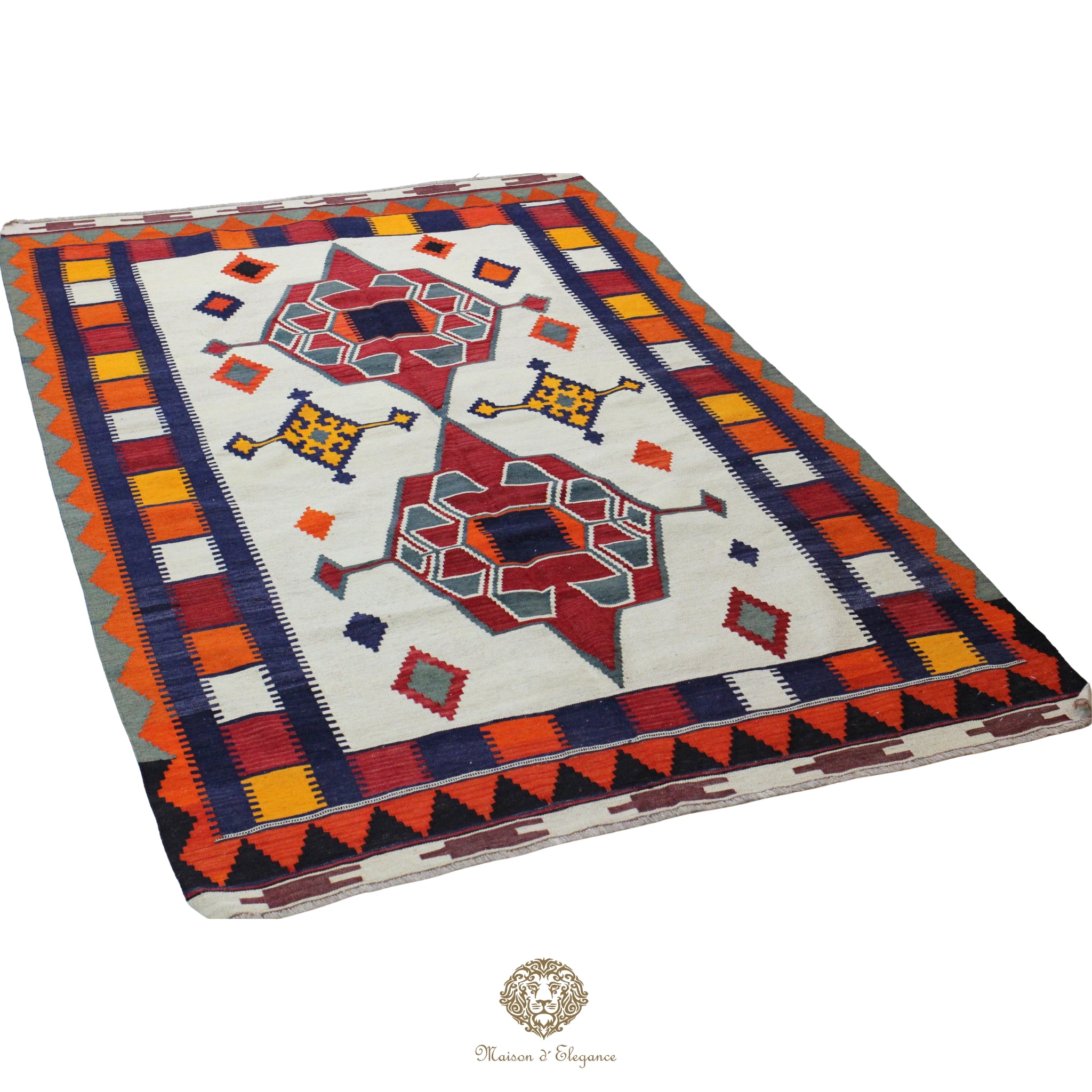 Traditional patterned rug with geometric design on a white background