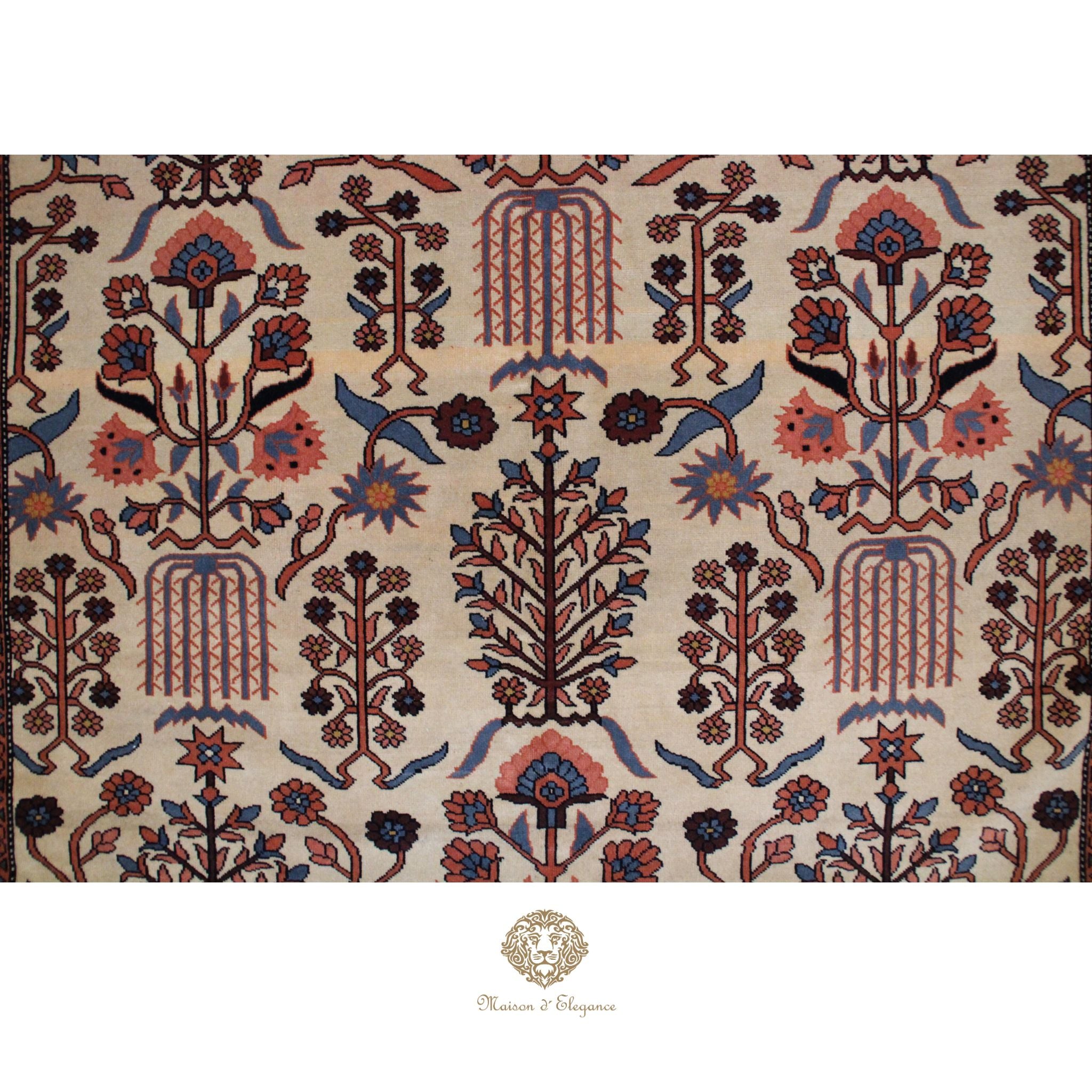 Decorative rug with intricate floral and geometric patterns on a ivory background, featuring 