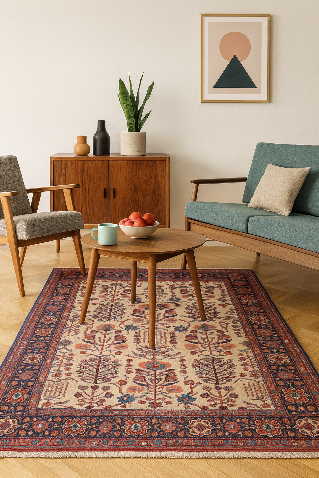Living room with a patterned rug, wooden coffee table, and furniture.