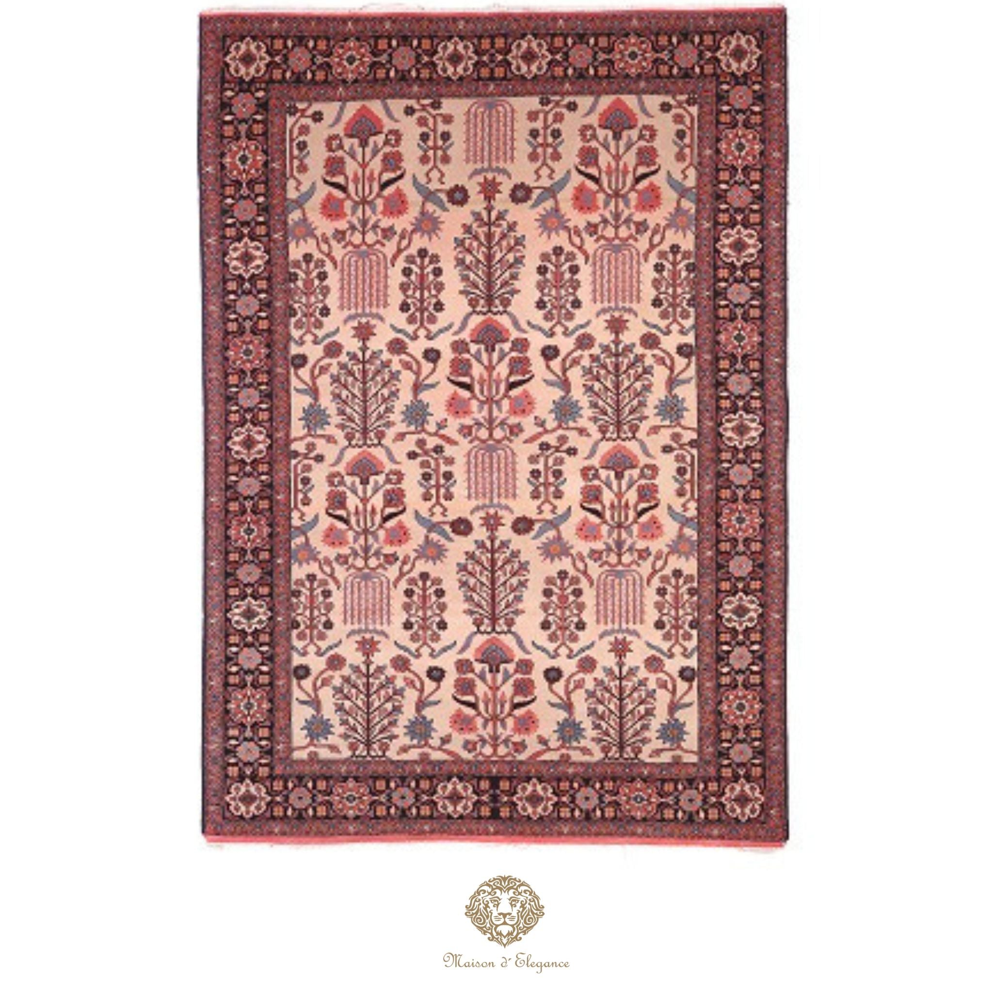Decorative rug with intricate patterns on a ivory background