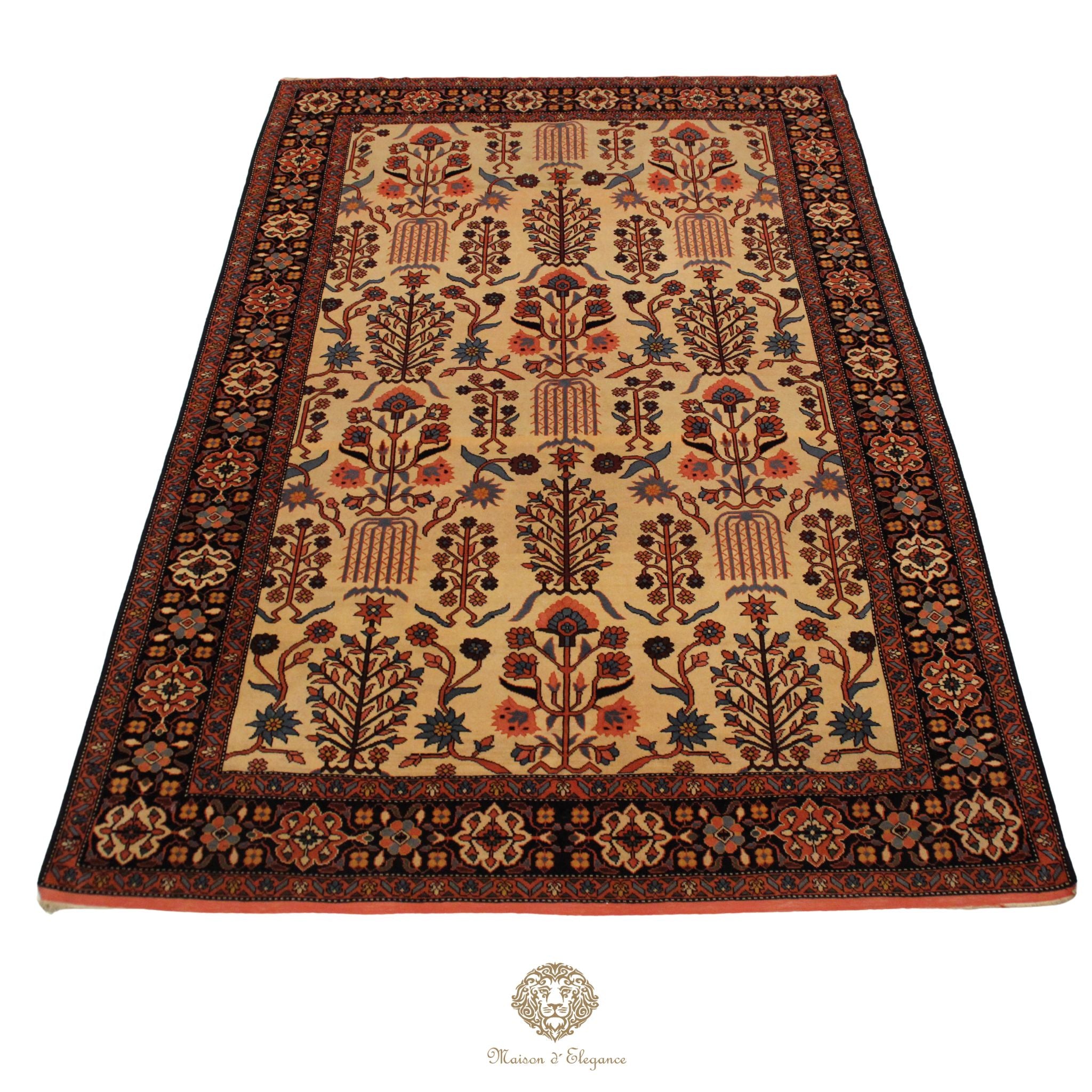 Decorative rug with intricate patterns on a ivory background
