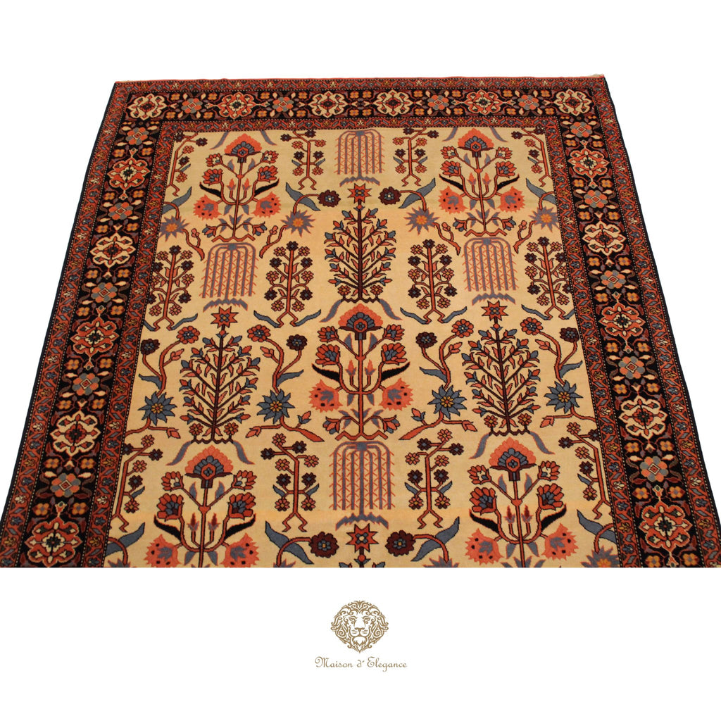 Decorative rug with intricate patterns on a ivory background