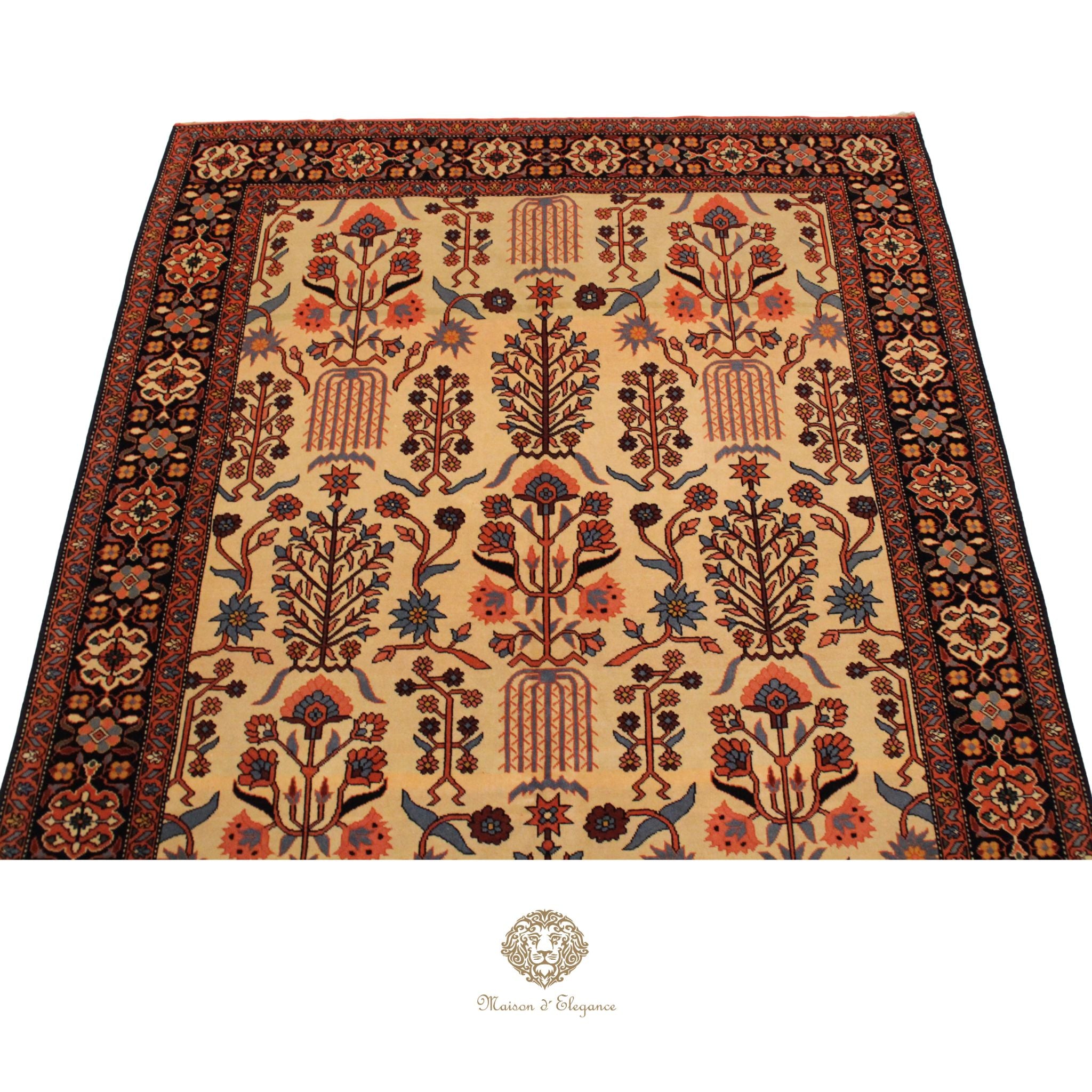 Decorative rug with intricate patterns on a ivory background
