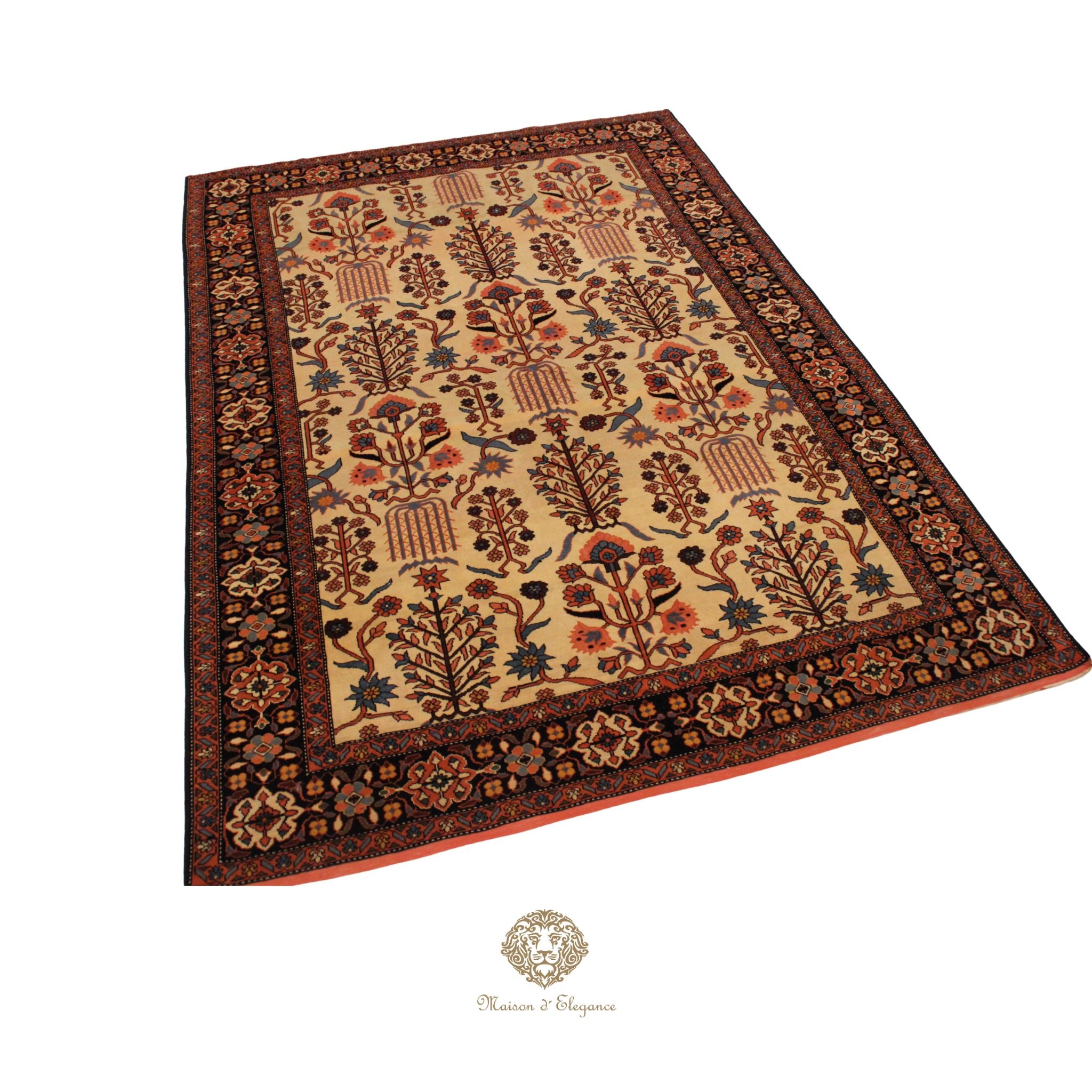 Decorative rug with intricate patterns on a ivory background