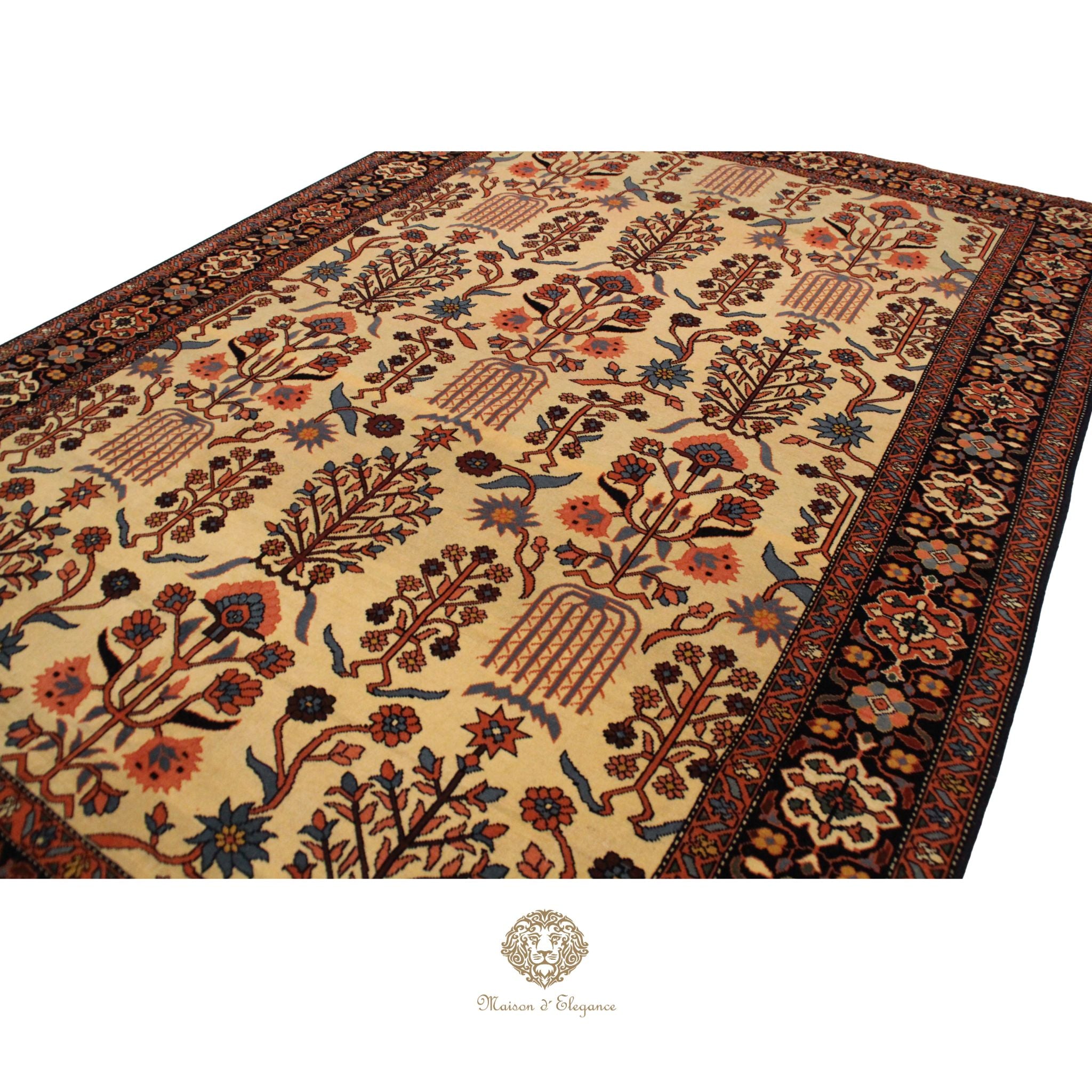 Decorative rug with intricate patterns on a ivory background