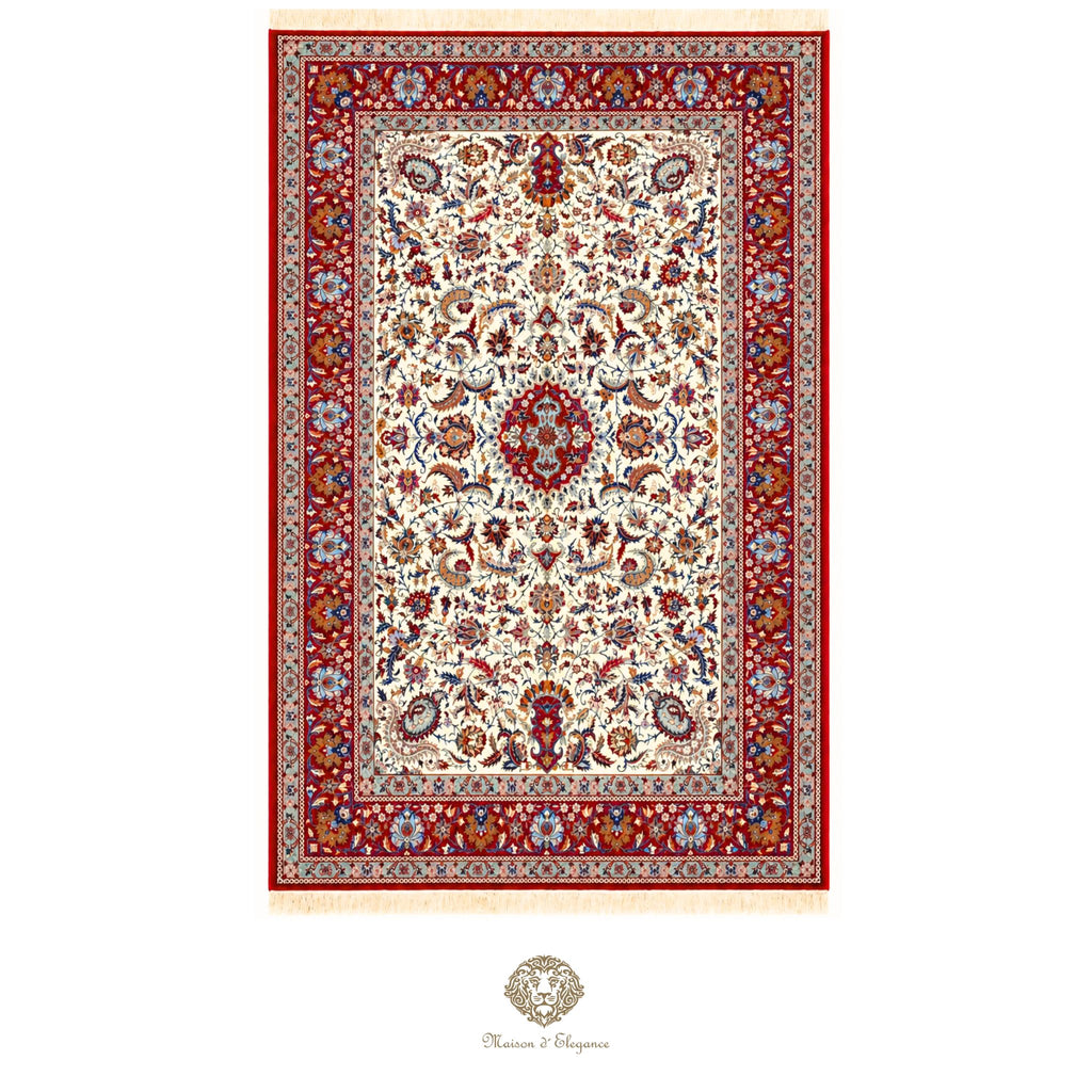 Decorative rug with intricate patterns on a white background