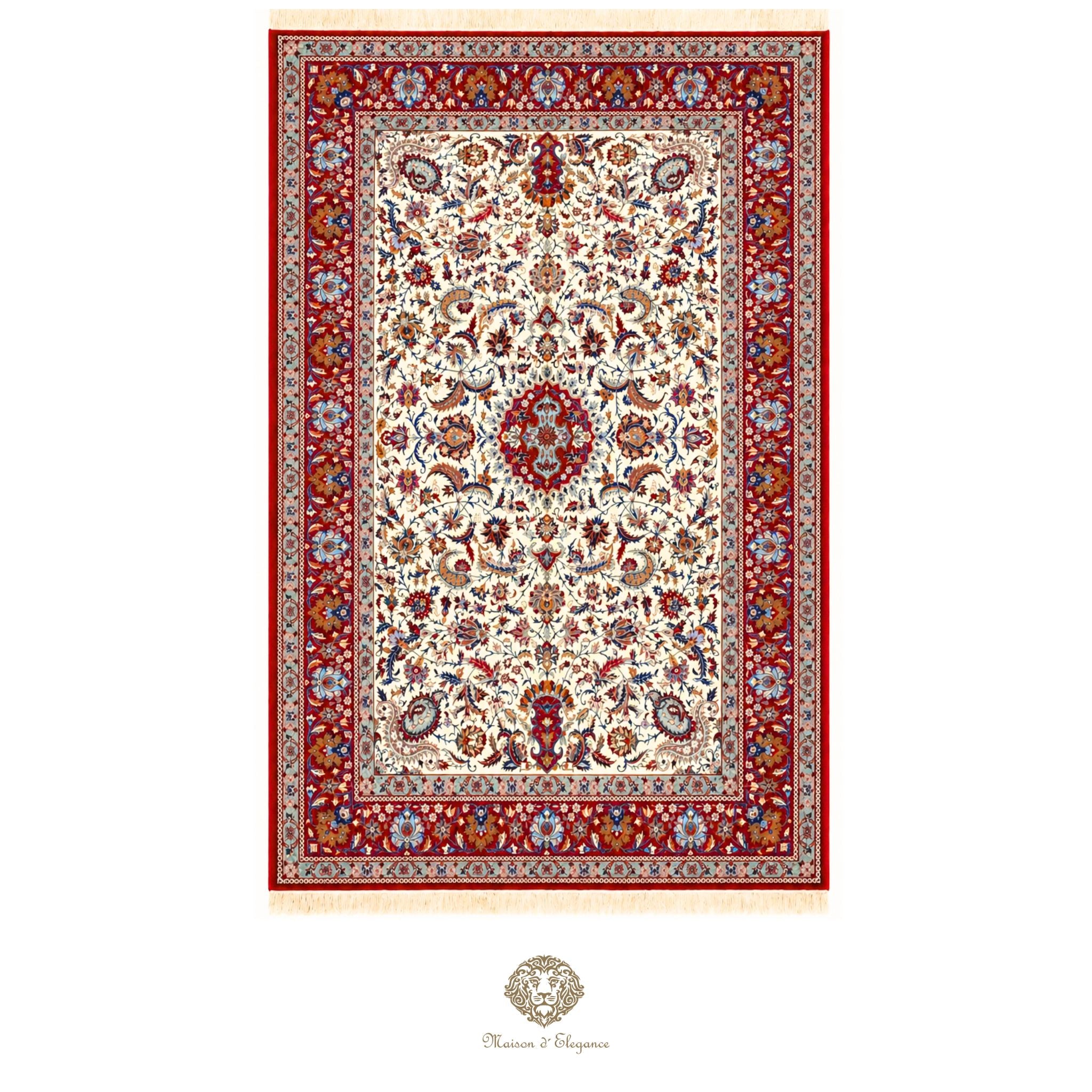 Decorative rug with intricate patterns on a white background