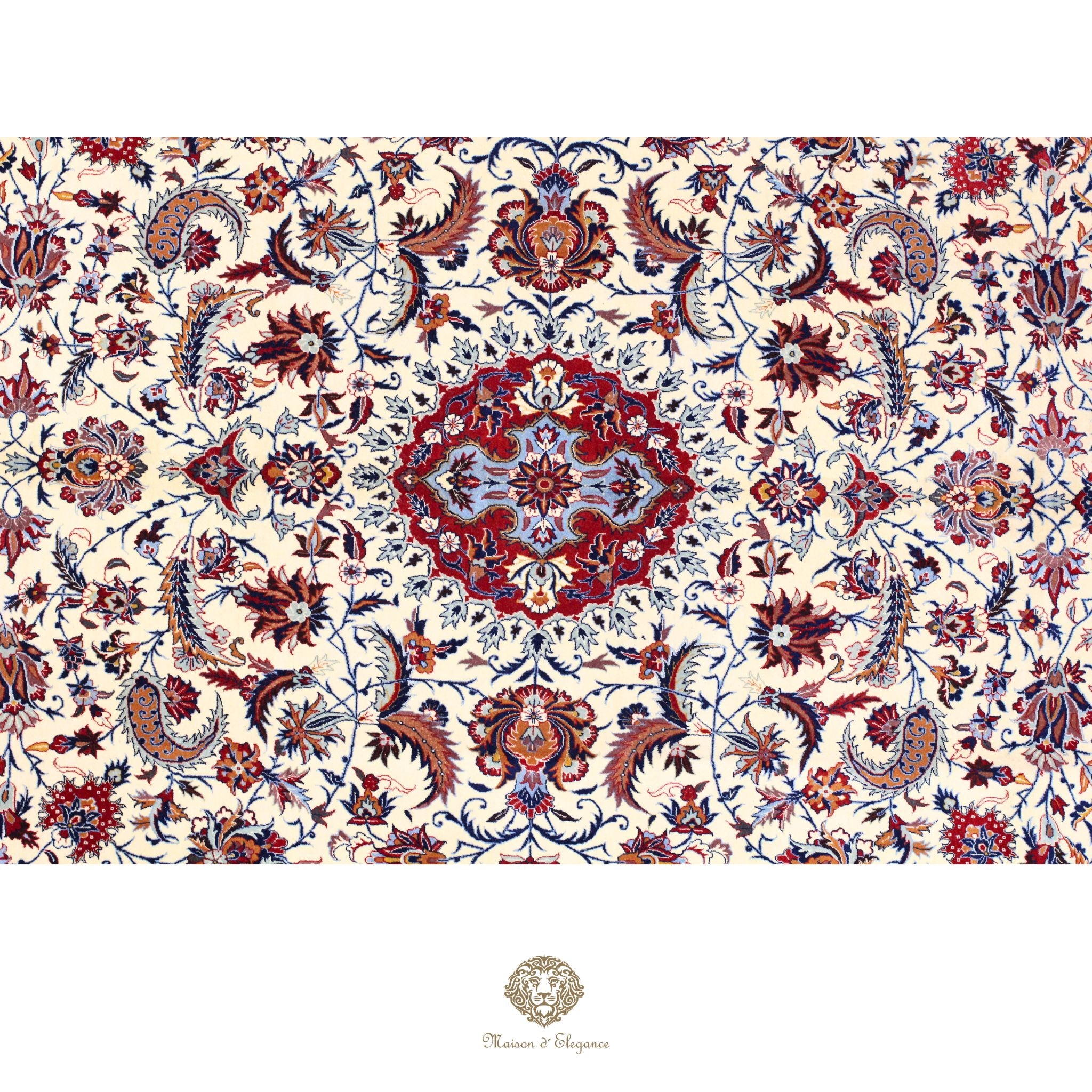 Decorative rug with intricate floral and paisley patterns on a white background, featuring the brand 'Chandra Rugs'.