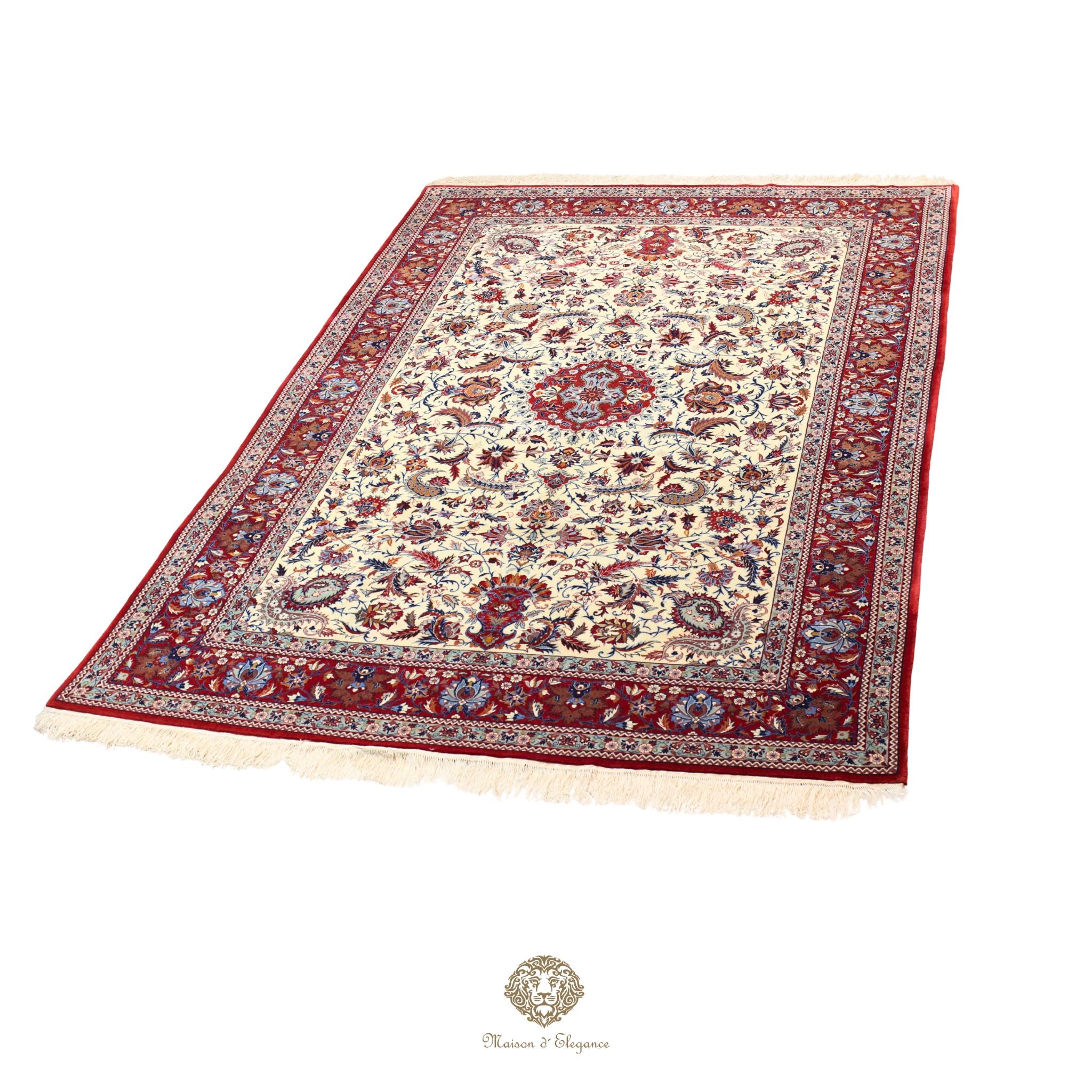 Decorative rug with intricate patterns on a white background