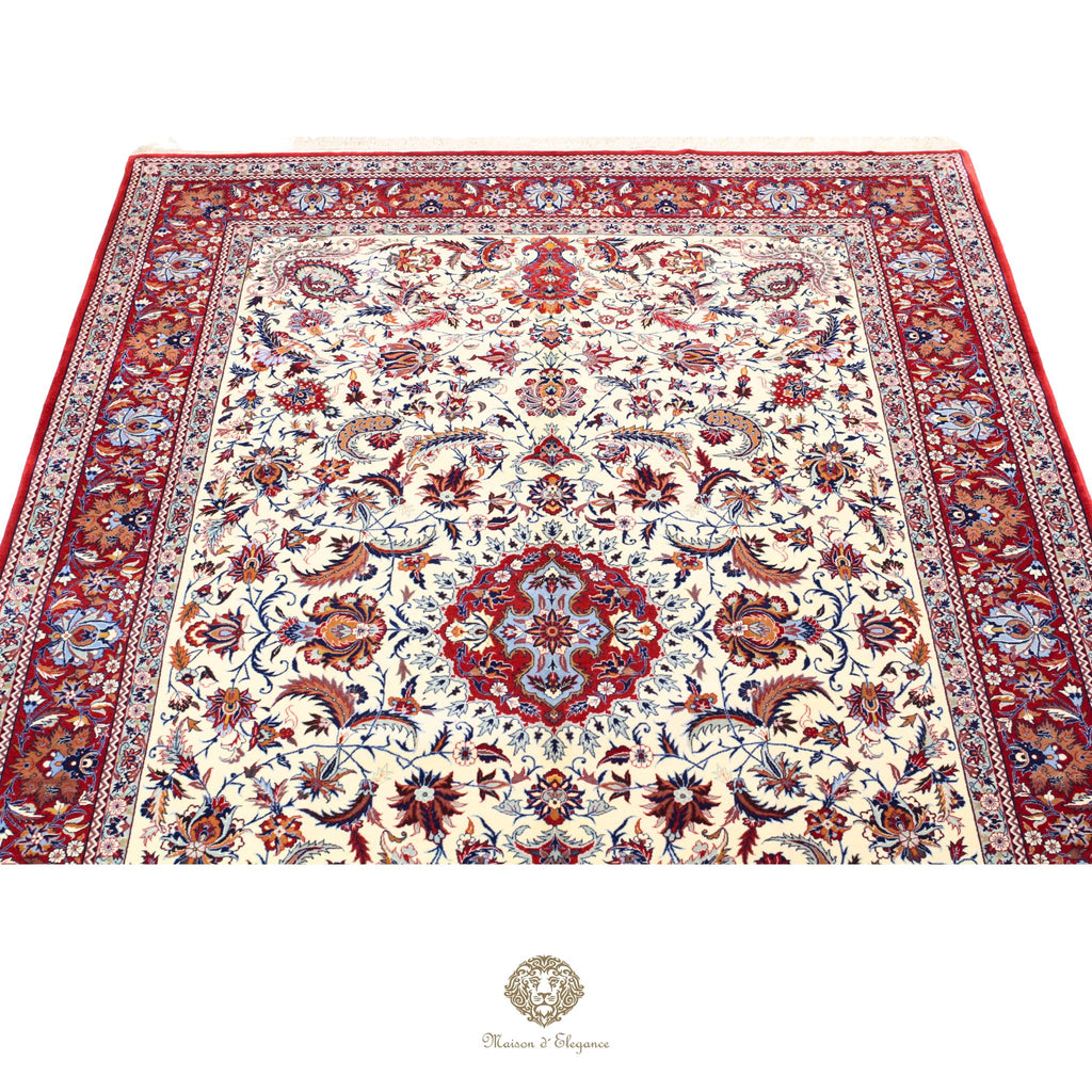 Decorative rug with intricate patterns on a white background