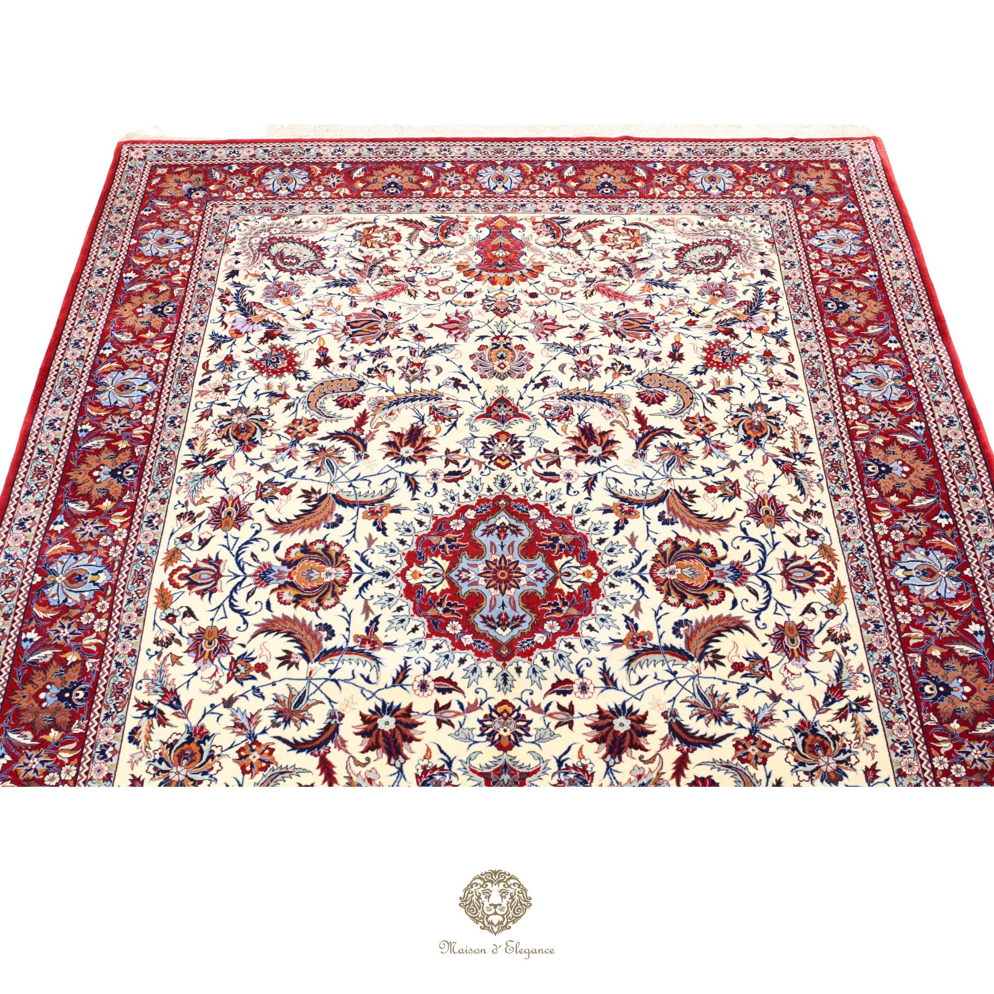 Decorative rug with intricate patterns on a white background