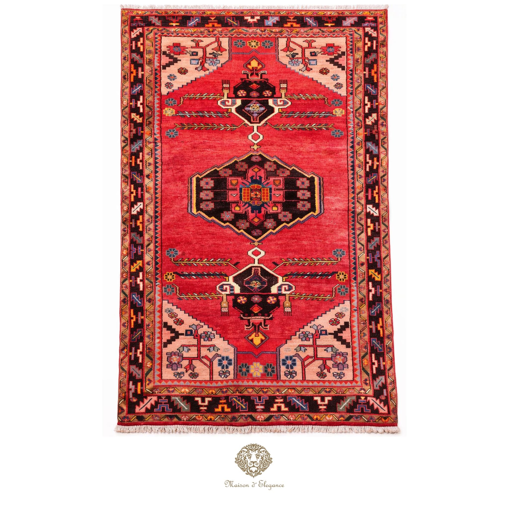 Decorative red rug with intricate patterns on a white background