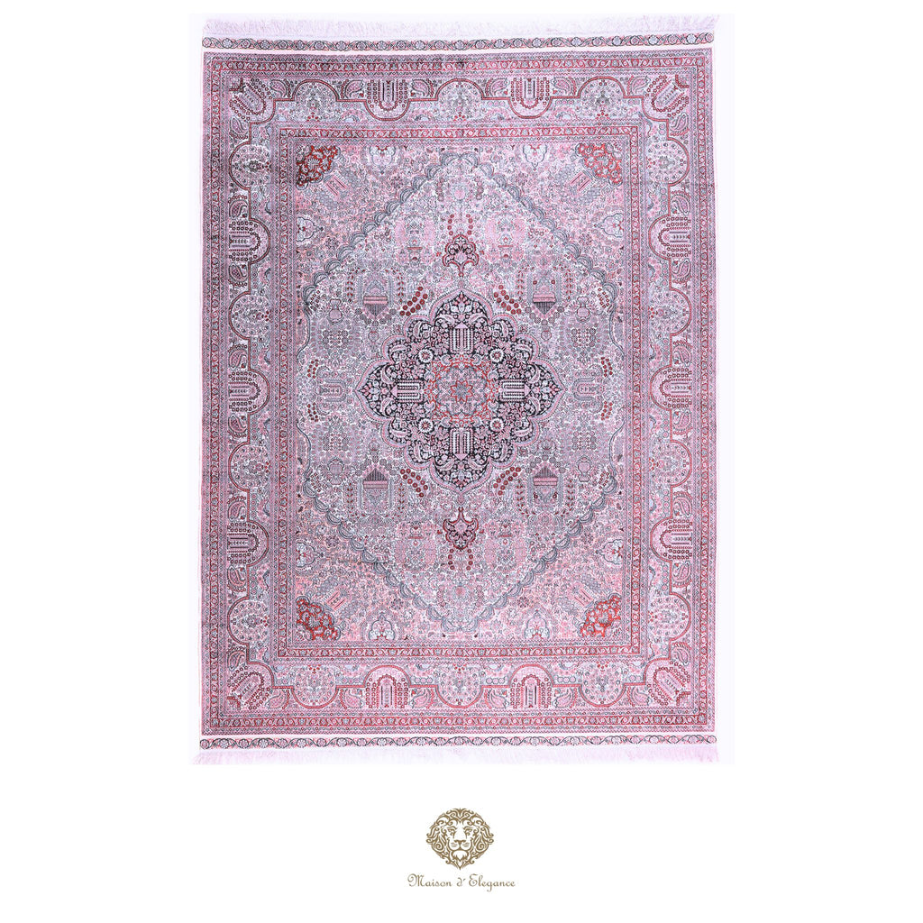 Decorative rug with intricate patterns on a white background