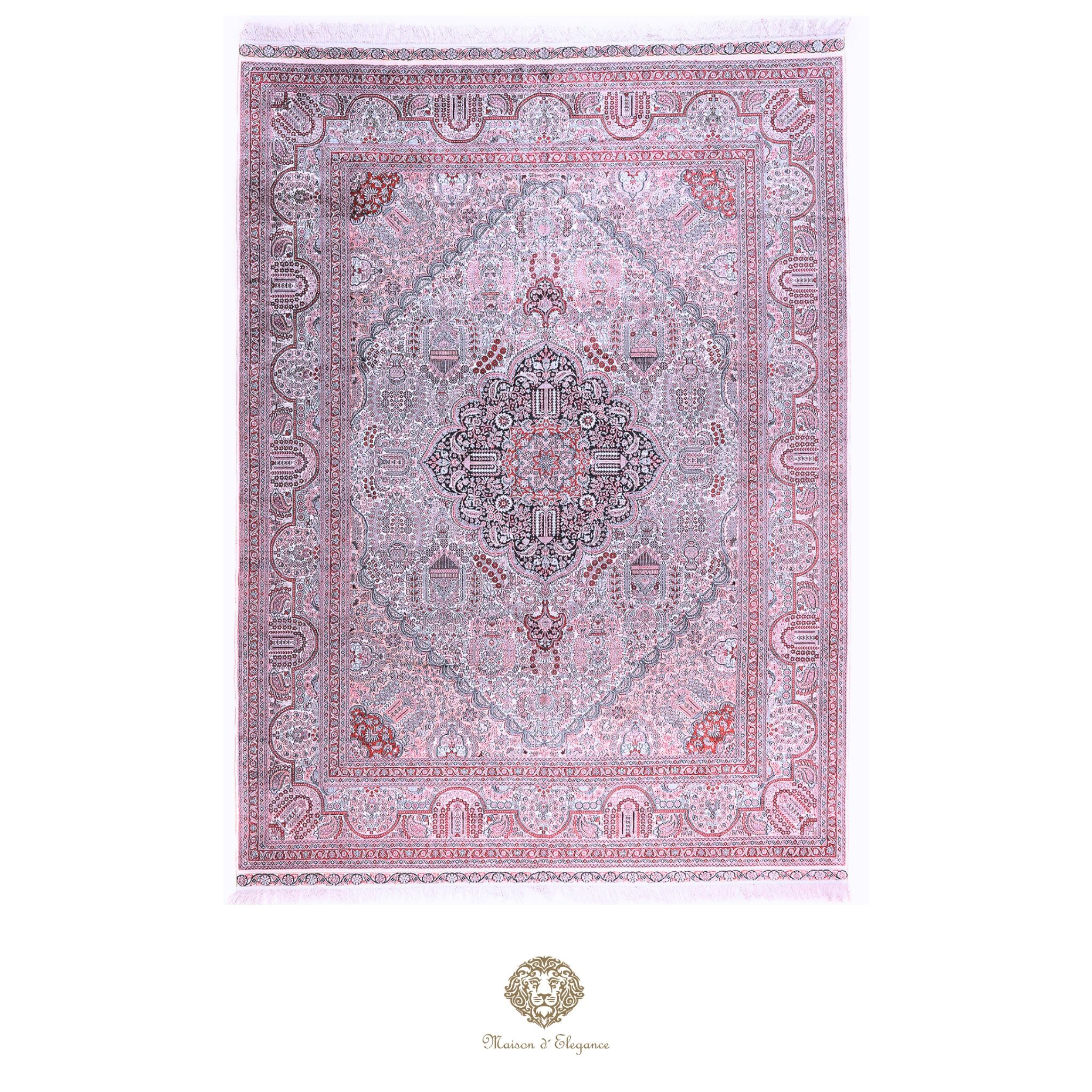 Decorative rug with intricate patterns on a white background
