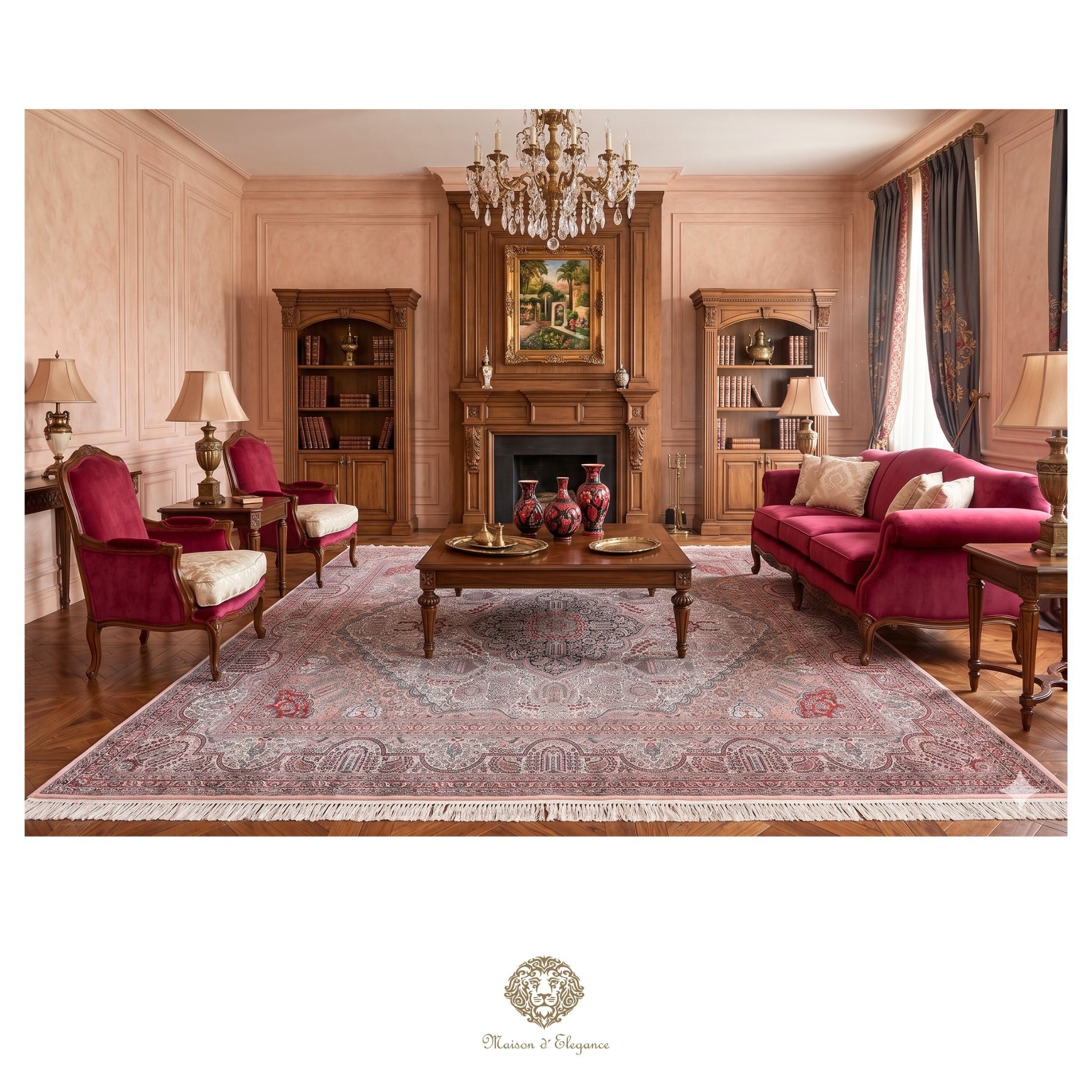 Luxurious living room with red sofas, wooden furniture, and a fireplace.